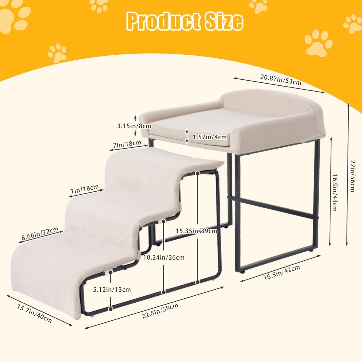 Dog Window Perch with Removable Stairs, Cat Window Seat with Cushioned Platform, Non-Slip Bedside Foam Pet Bed for Cats and Dogs, Beige