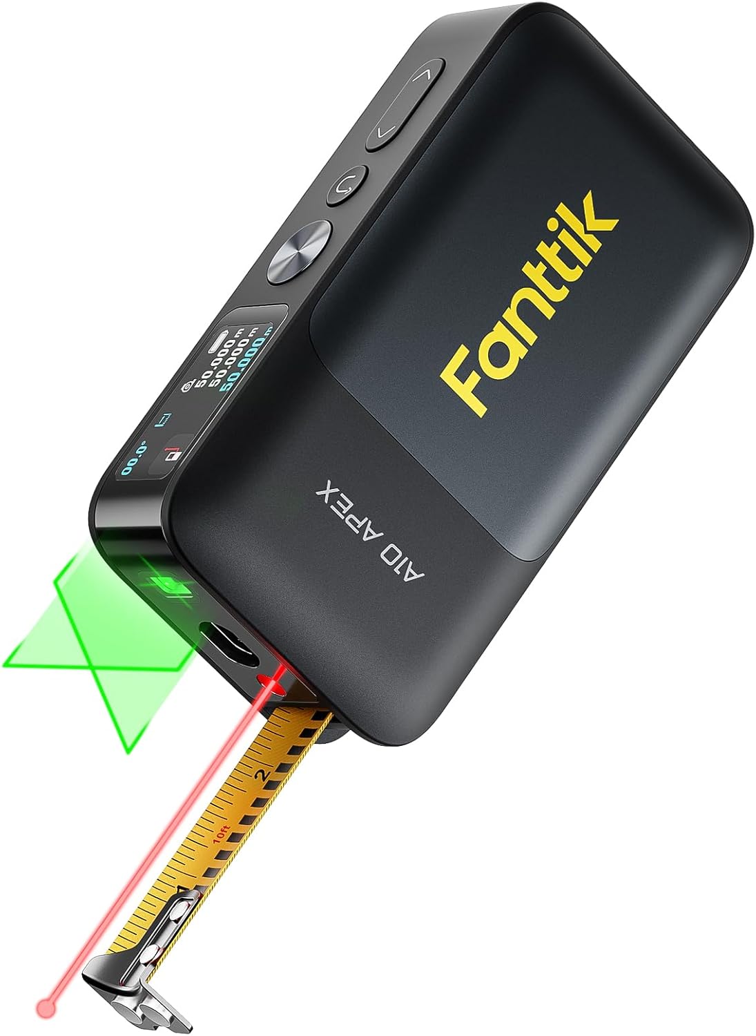 Fanttik A10 Apex 3-in-1 Digital Laser Tape Measure with HD Color Display, 165Ft Rechargeable Laser Measurement & 32Ft Green Cross Line Laser & 9.8Ft Tape, 6 Units, for Distance/Area/Volume/Leveling