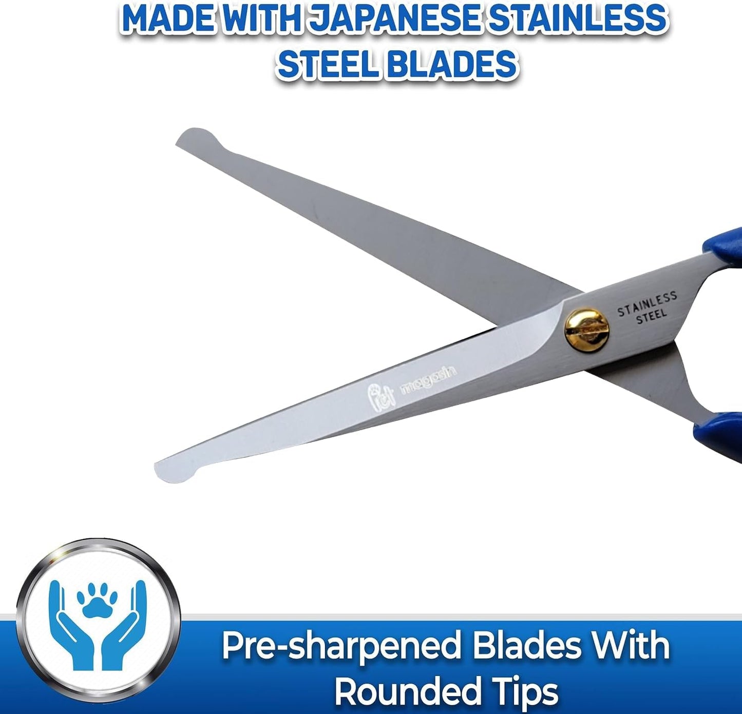 Pet Magasin Japanese Stainless Steel Grooming Scissors (2) for Facial Hair and Larger for Body Trimming with Round Tip (Blue)