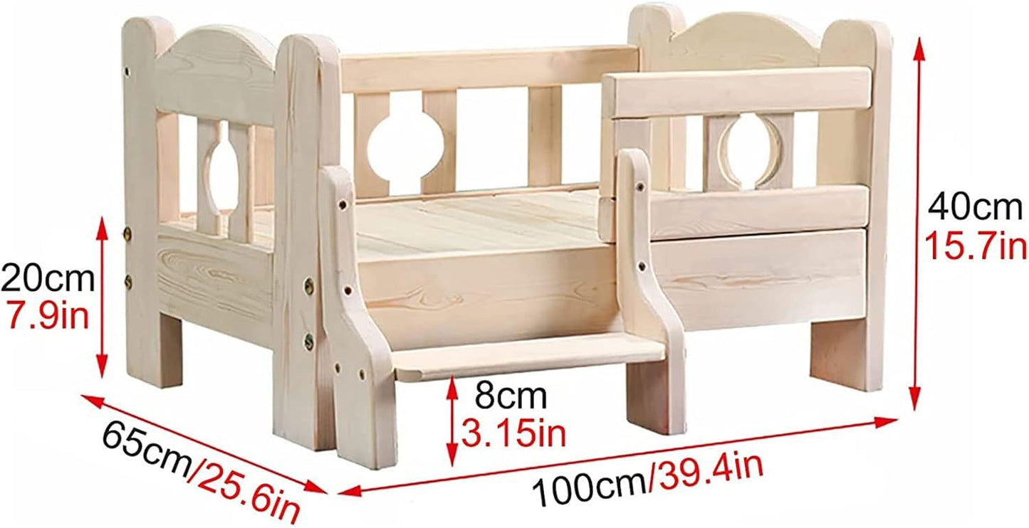 Dog Bed 68/80/100cm Wooden Dog Bed Pet Bed Pet Bed Frame Solid Wood Kennel Dog Bed with Guardrail & Stairs for Small Medium Large Dogs Cats for Dogs Pet Cat