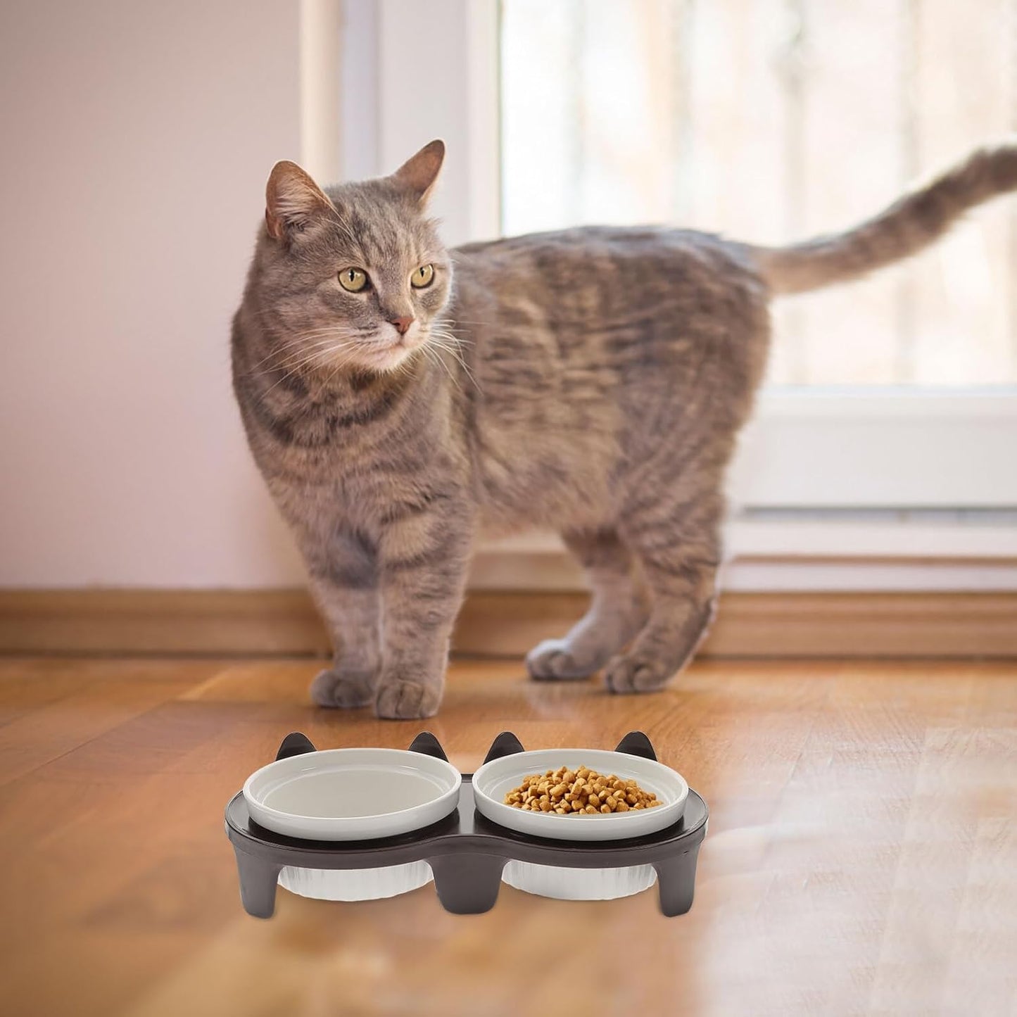 FAVOMOTO Elevated Ceramic Cat Food and Water Bowls with Stand, Neck Protection Footed Pet Feeding Bowl for Cats and Kittens, Brown Thickened Anti-Breaking Holder Suitable for Home Use