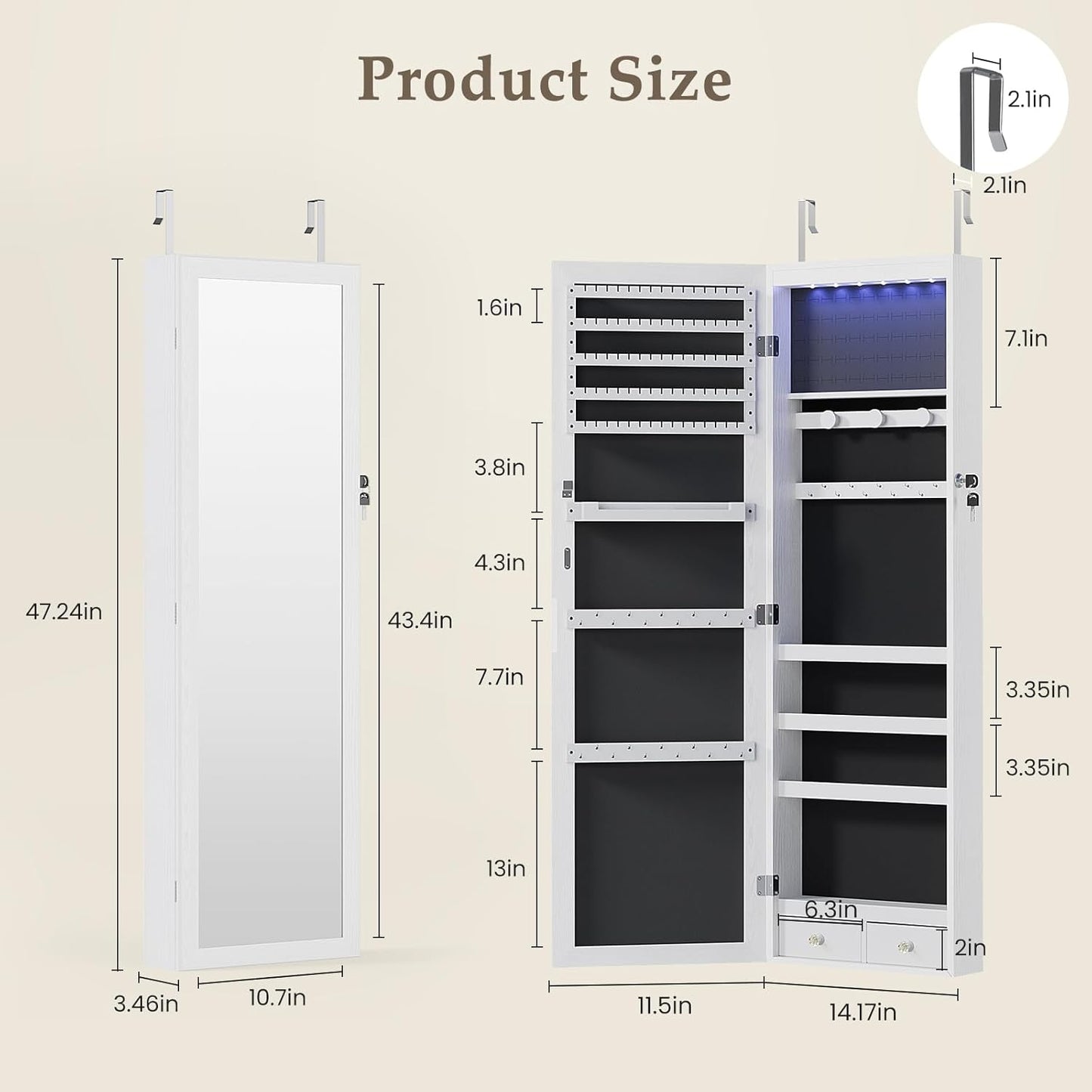 DUMOS 6 LEDs Mirror Jewelry Cabinet, Wall or Door Mounted Jewelry Organizer, 47.2-Inch Tall Lockable Large Capacity Cosmetic Storage, Gift Idea