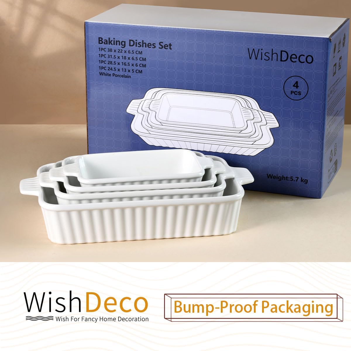 Ceramic Casserole Dishes Set of 4, Baking Dishes for Oven, Rectangular Lasagna Pan Deep with Handles, White Porcelain Bakeware (15''/12.4''/11''/9.6''), Microwave Safe