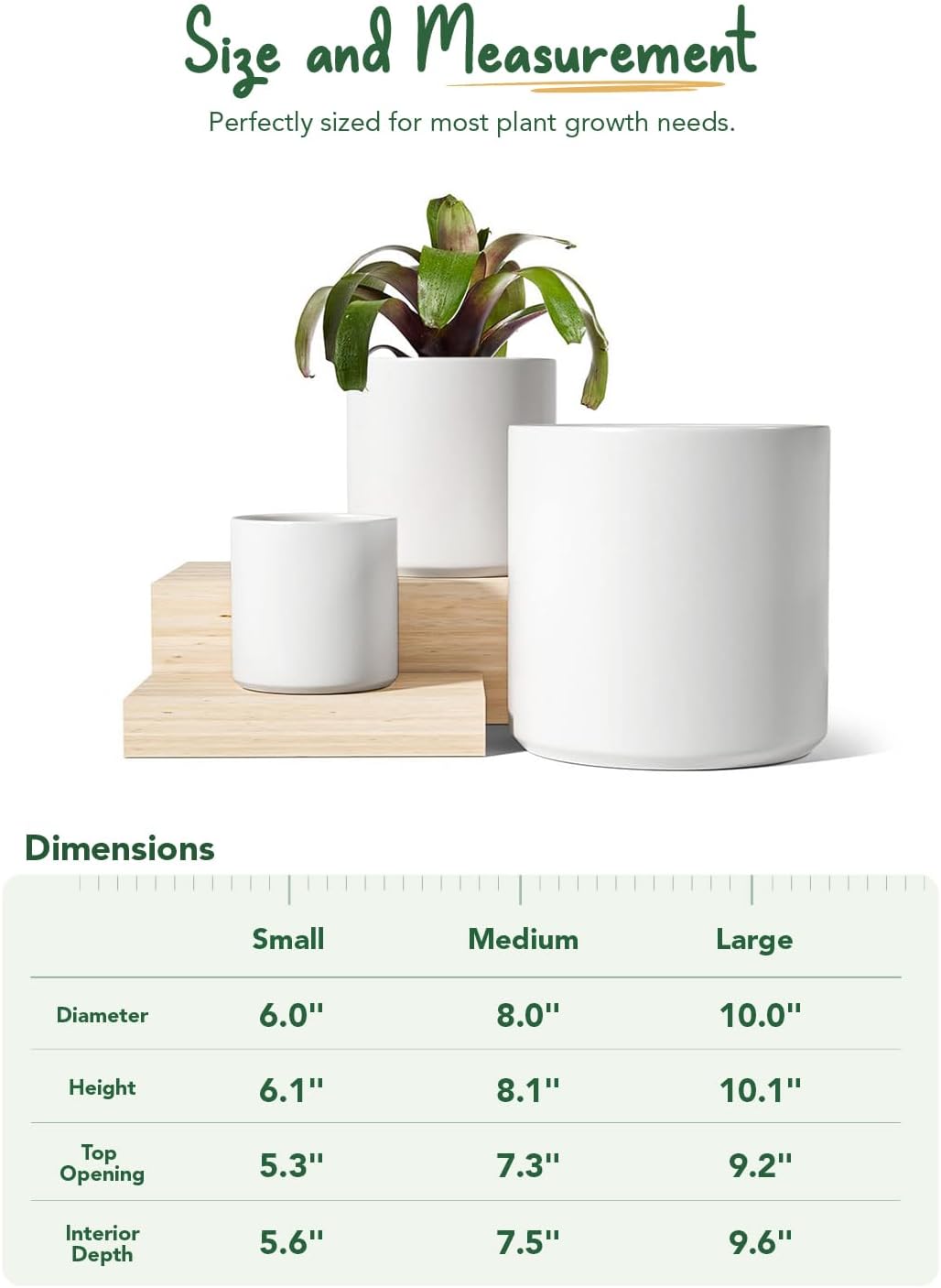LE TAUCI Ceramic Pots for Plants, 10/8/6 Inch Indoor Planters with Draiange Hole, Silicone Plug & Mesh Pad, Modern Minimalist Pots for Home Office, Set of 3, Satin, White