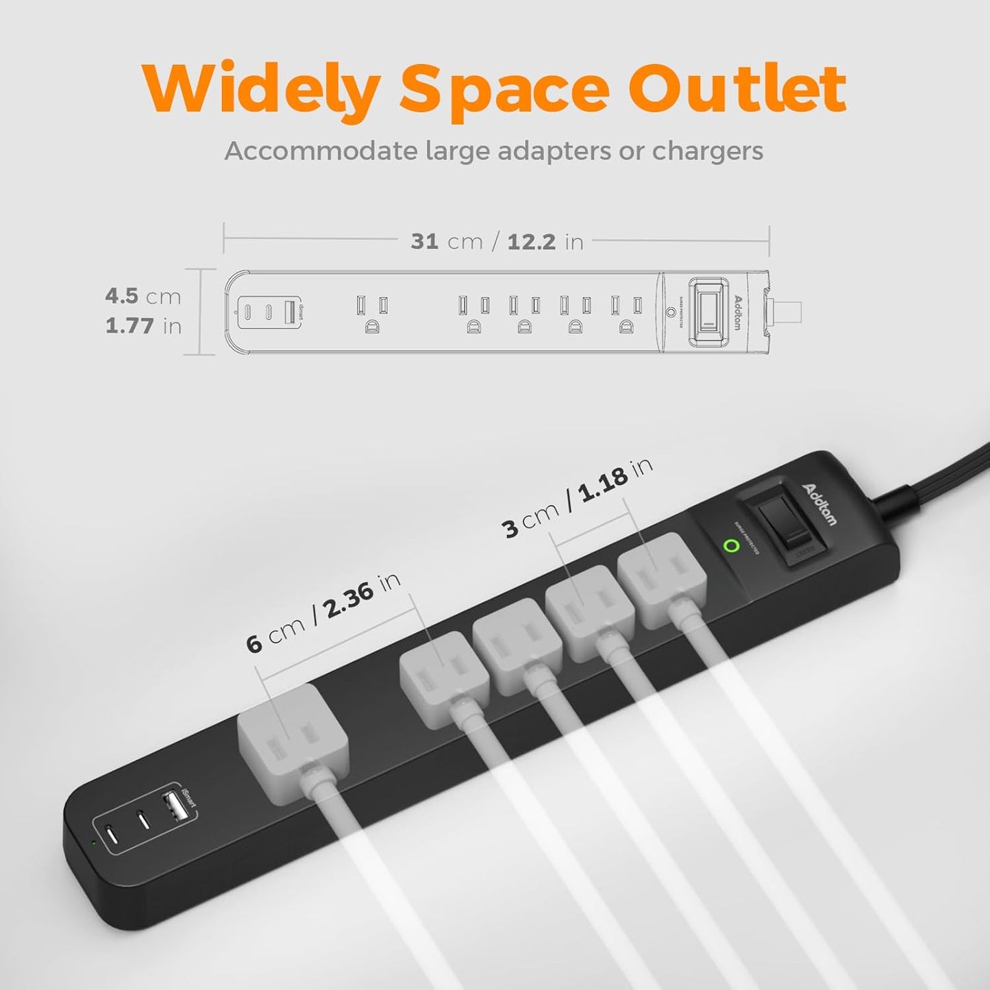 6Ft Power Strip Surge Protector - Addtam Extension Cord with 5 AC Outlets 3 USB Ports(2 USB C), 1875W/15A, Flat Plug, Outlet Extender for Home Office Supplies College Dorm Room Essentials,ETL Listed