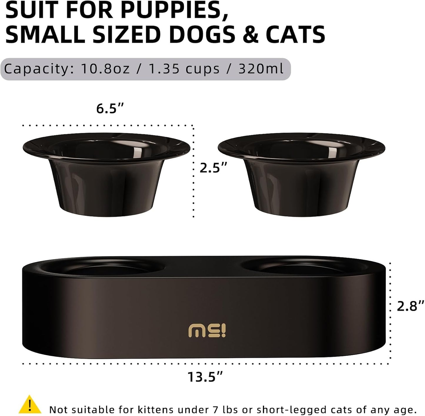 MS!MAKE SURE Raised Cat Bowls Set - Ceramic Dishes with Non-Slip Stand, 9° Tilted, Lead & Cadmium Free, for Small Dogs and Cats, 6.5" Wide - 2 x 320ML (10.8 oz), Black