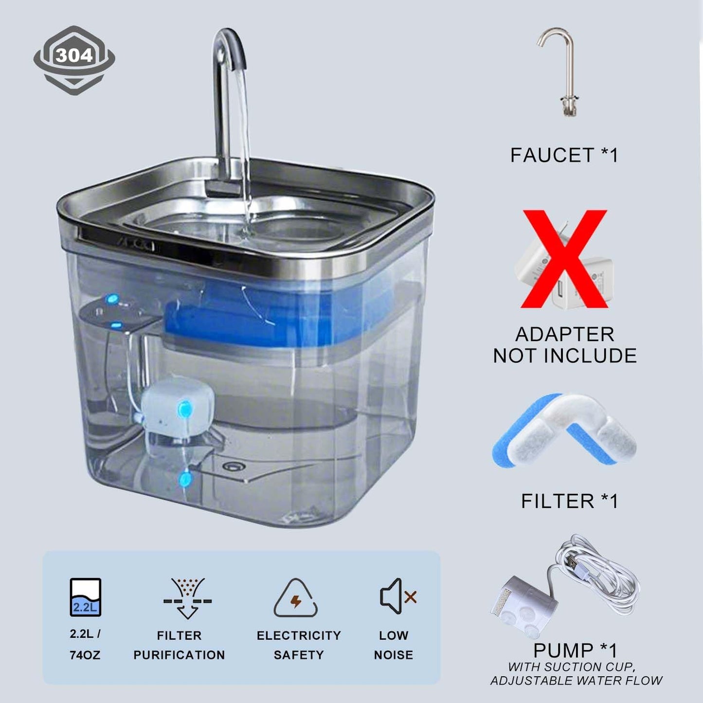 Cat Water Fountain, 74OZ/2.2L Stainless Steel Cat Drinking Fountain with Ultra Quiet Pump, for Cats Dogs Indoor
