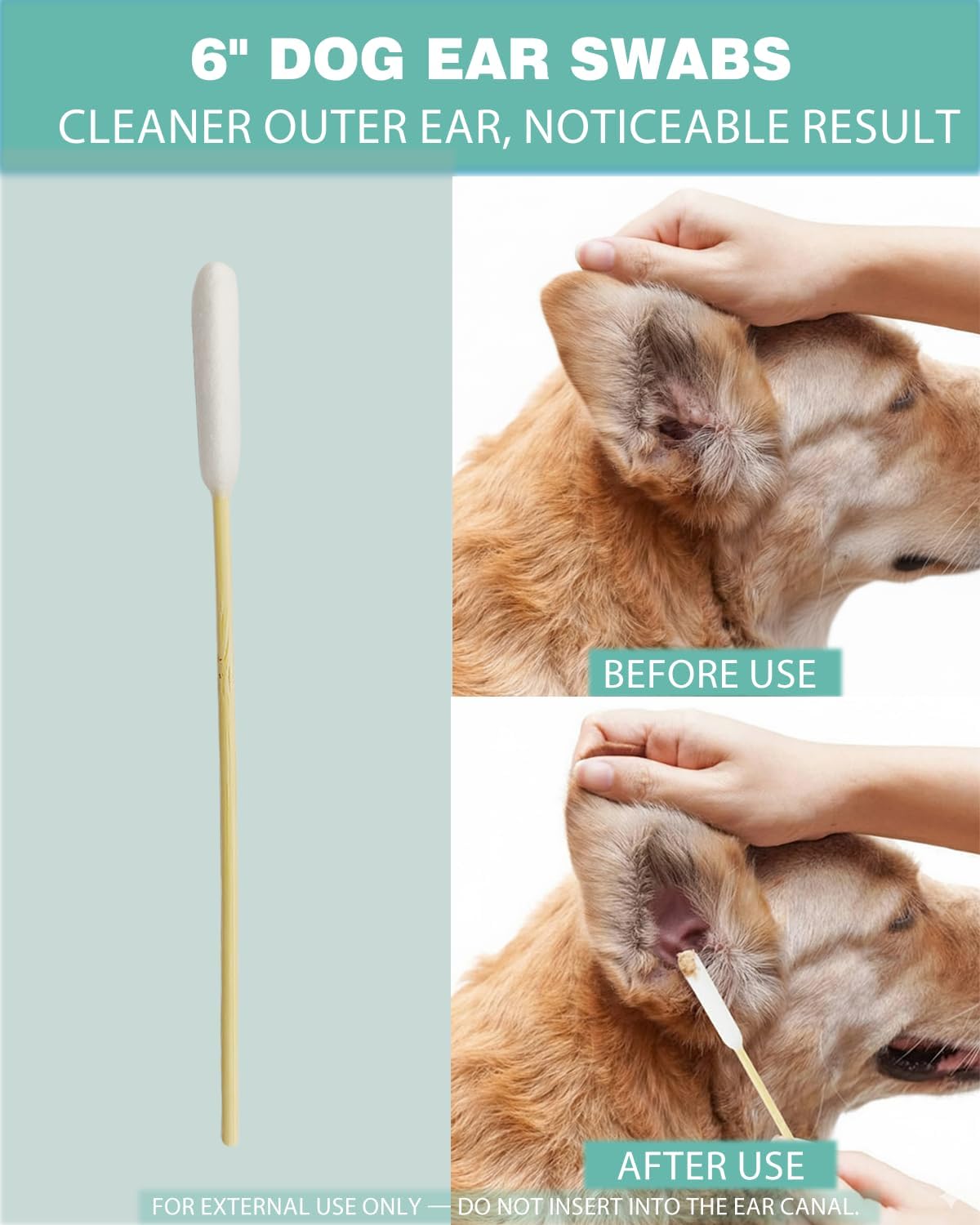 Dog Ear Swabs 200 Count - 6 Inch Long Cotton Swabs for Dogs, Large Bamboo Pet Ear Cleaning Swabs | Sturdy, Gentle, Lint-Free Applicator for Tear Stains, Nose Folds & Daily Grooming Care