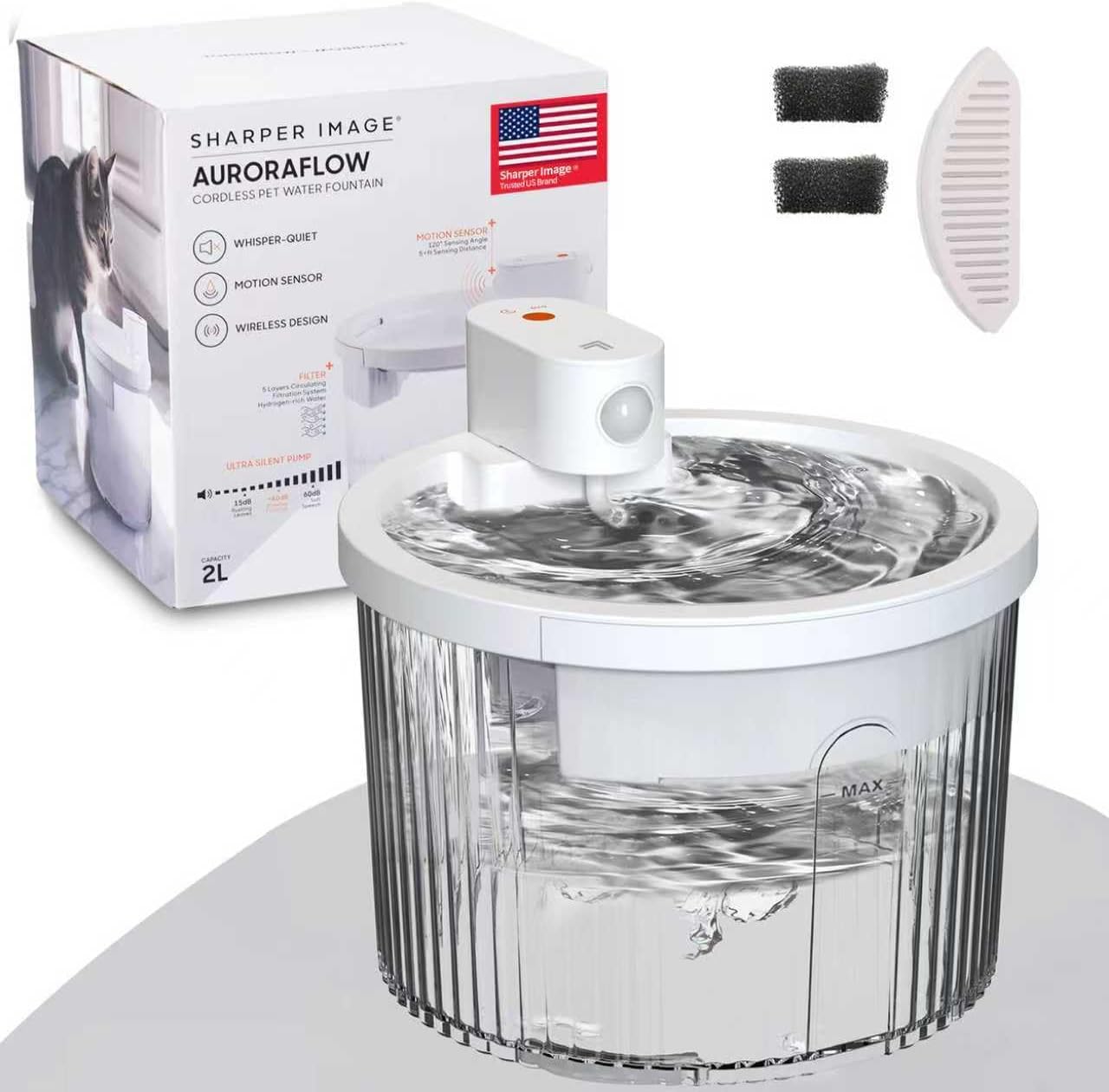Sharper Image Wireless Water Fountain for Cats, 68oz/2L Ultra Quiet Pump Cordless Cat Water Fountain, Rechargeable Cat Drinking Fountain with Motion Sensor, 2 Replacement Sponge Filters & Mat