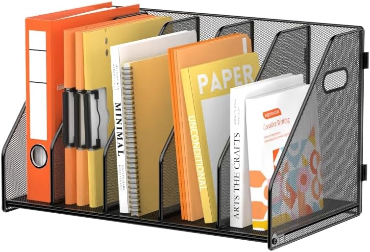 SUPEASY Binder Organizer, Magazine File Holder with 5 Vertical Compartments Rack, Metal Desk File Organizer & Binder Holders, Magazine Organizers for Office Desktop, Home, School (Black)