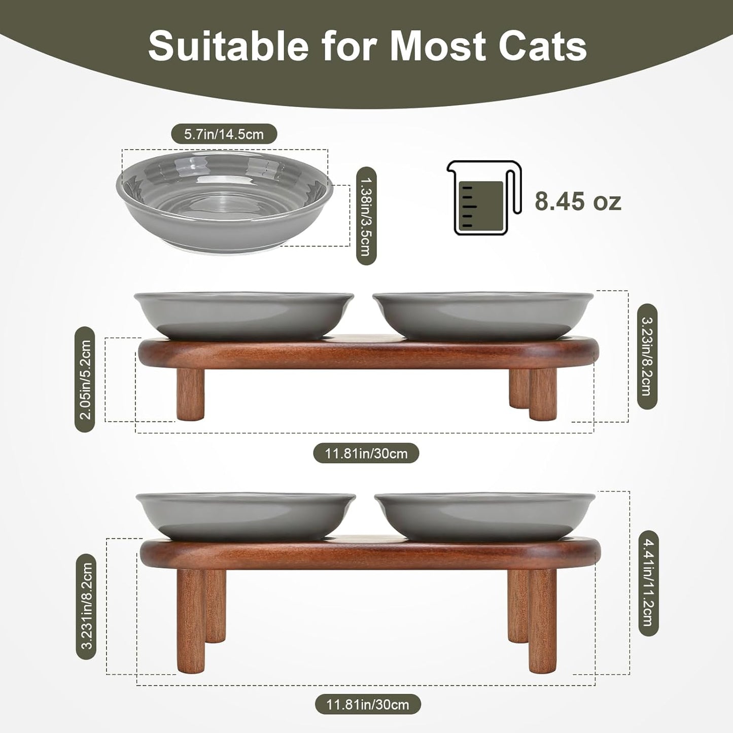 SPUNKYJUNKY Shallow Elevated Cat Bowl with Acacia Wood Stand Wide Raised Ceramic Cat Dishes Whisker Friendly Pet Food and Water Plates (Striped Pattern, Gray)