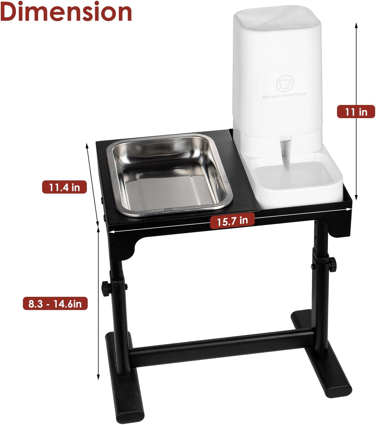 Elevated Dog Bowls with Water Dispenser and 304 Stainless Steel Bowl, Adjustable to 6 Heights, 2.75" to 14.6", Raised Dog Food Bowls for Small, Medium & Large Sized Dogs, Tilted Angle