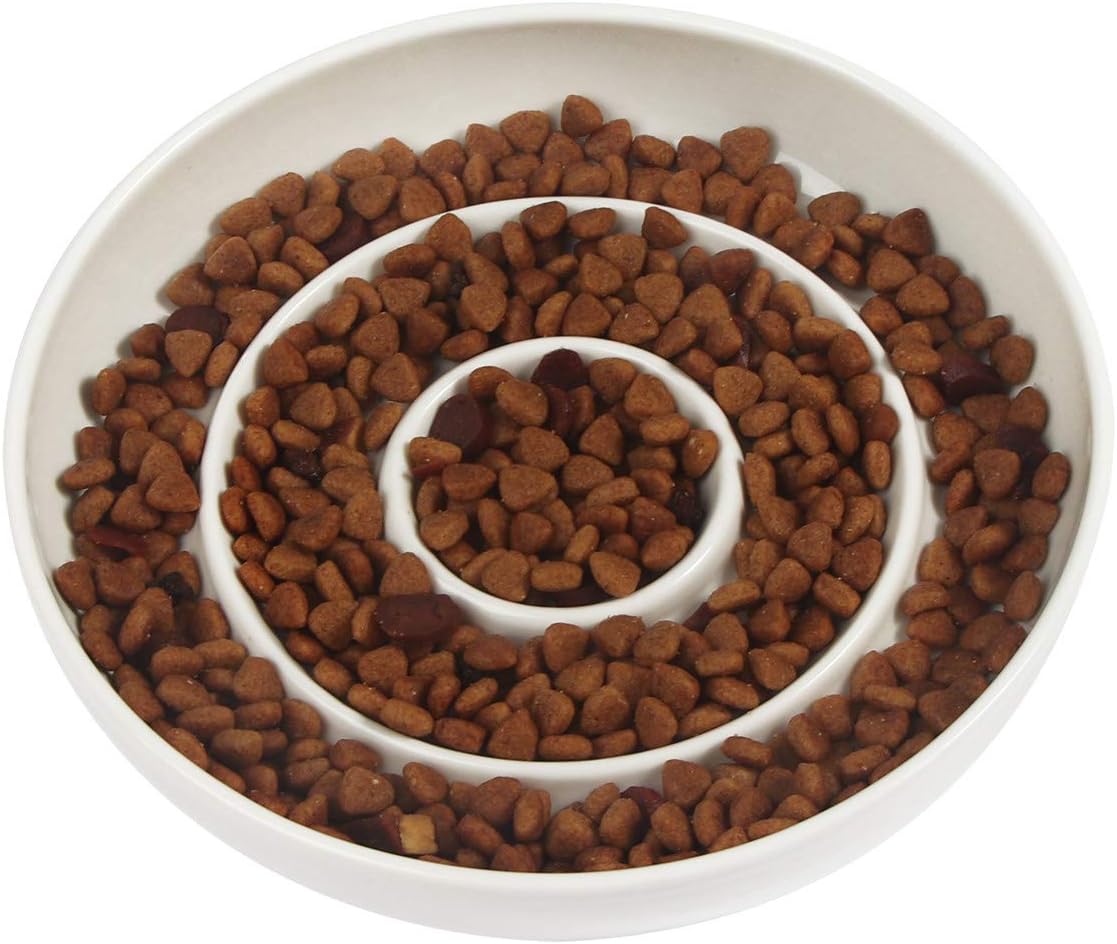 SLSON Cat Slow Feeder Bowl,Ceramic Slow Feed Cat Bowls Heavy and Shallow Wisker Stress-Free Pets Dish for Kittens Small Pets Wet Food,White