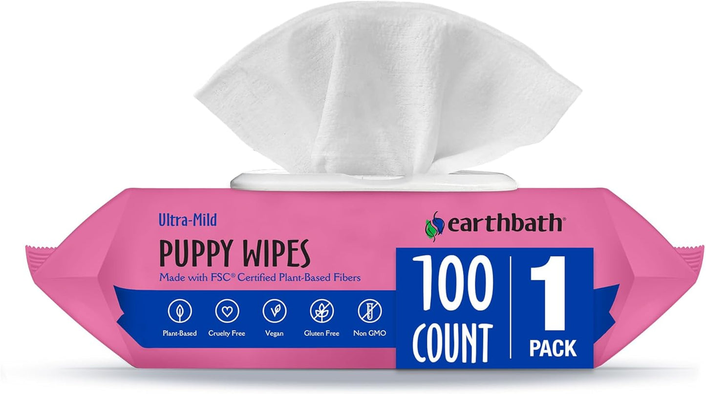 earthbath, Ultra-Mild Wild Cherry Puppy Wipes - Dog Wipes for Paws and Butt, Best Pet Wipes for Dogs & Puppies, Made in USA, Cruelty-Free Dog Cleaning Wipes - 100 Count (1 Pack)