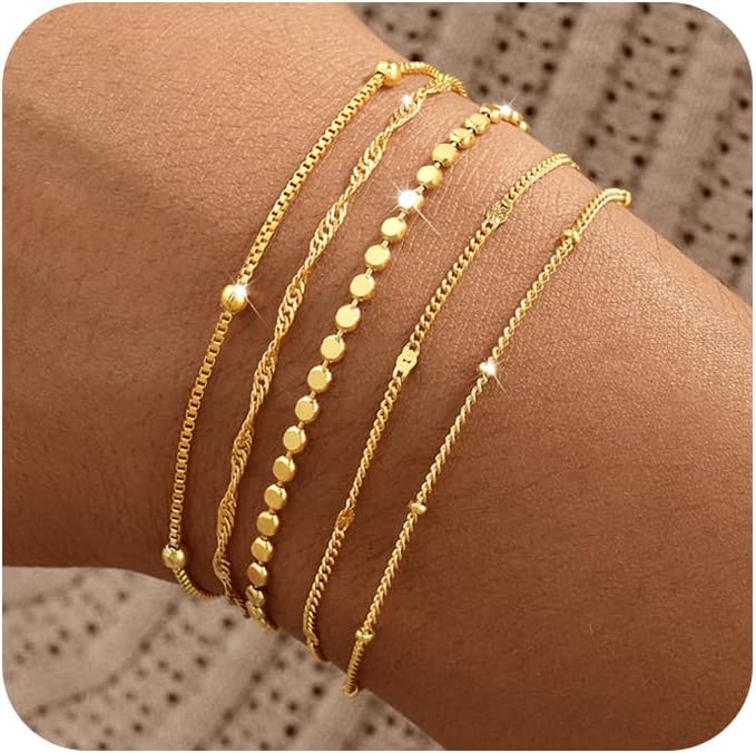 Gold Bracelets for Women, 14K Gold Plated Stackable Bracelet Stack Set Adjustable Charm Paperclip Chain Snake Link Layered Waterproof Jewelry Sets Gifts