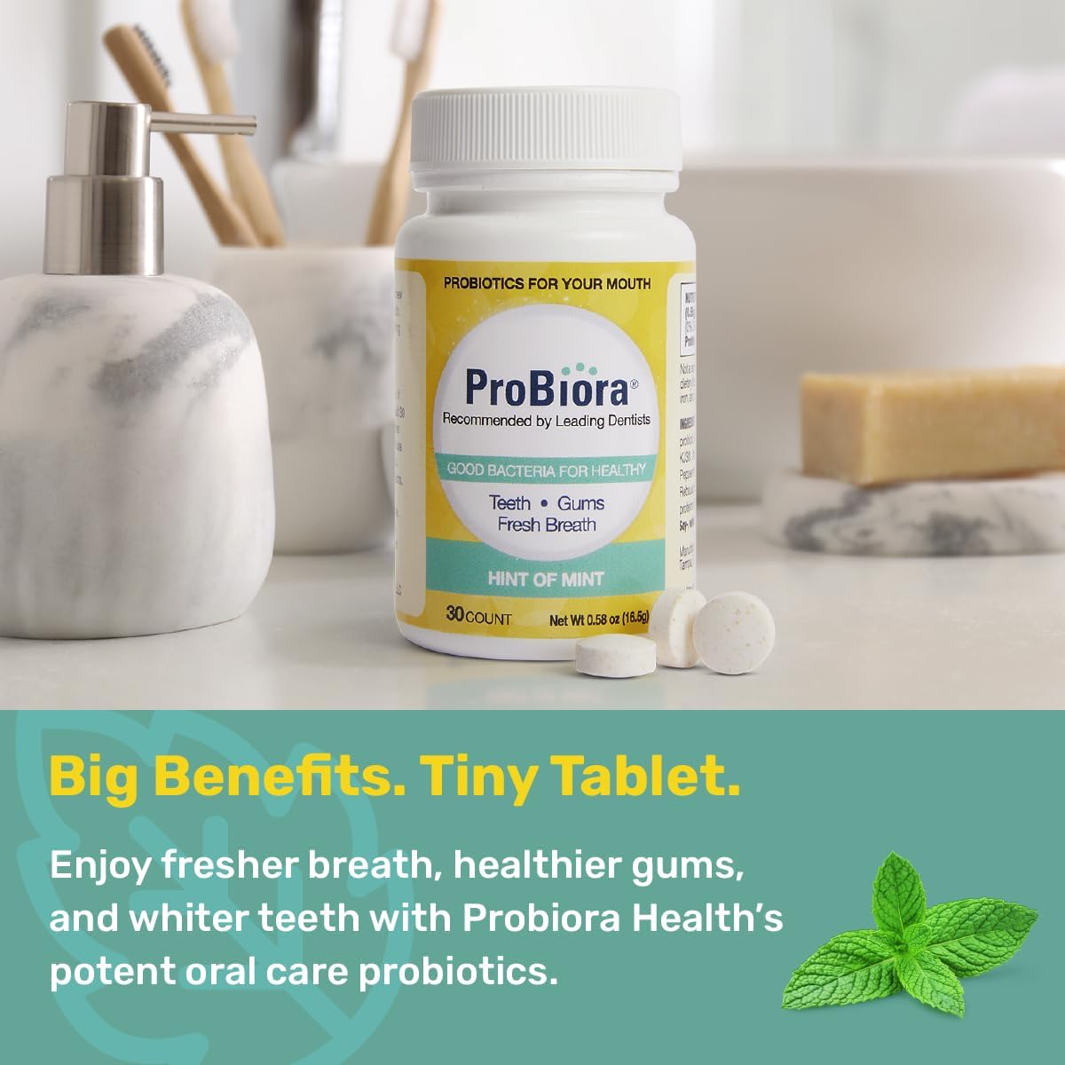 ProBiora Oral-Care Chewable Probiotic Tablets | Probiotic Supplement for Women & Men | Healthier Teeth & Gums | Fresher Breath | Whiter Teeth | 60 Count | Mint