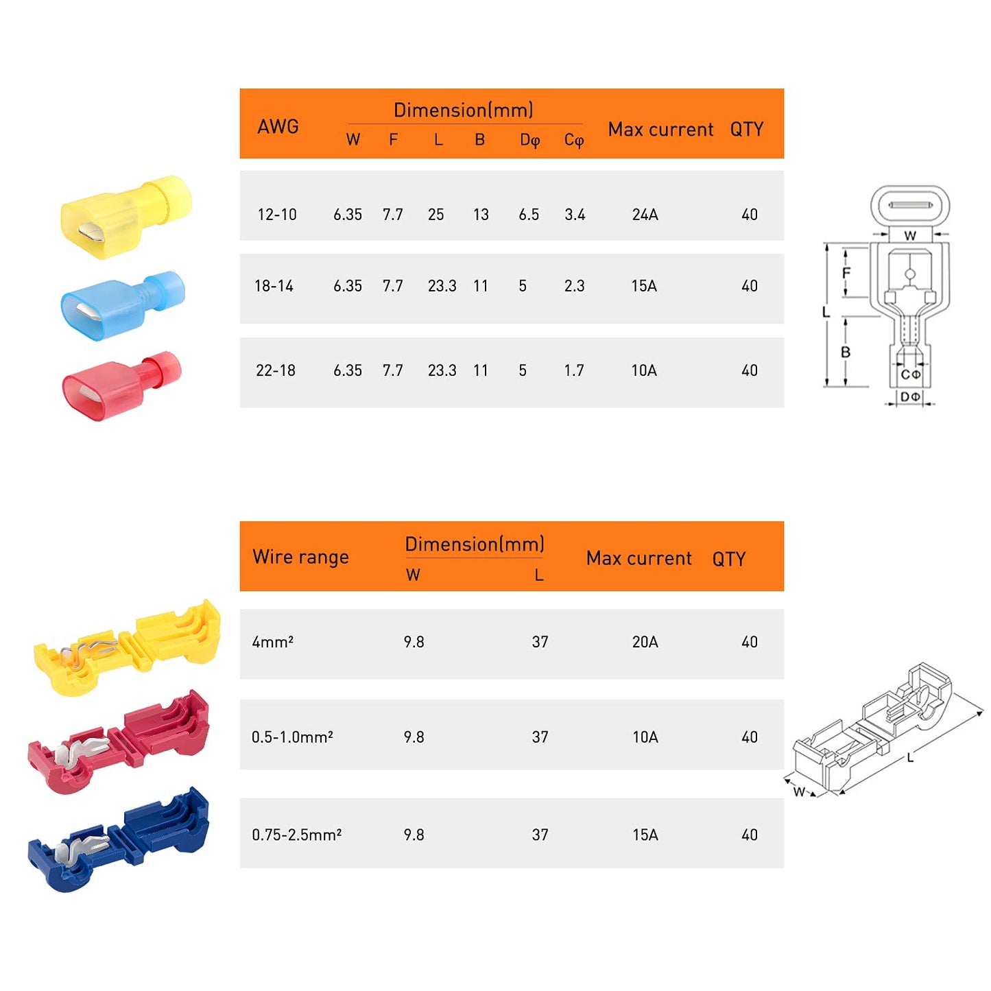 Nilight - 50004R 120 Pcs/60 Pairs Quick Splice Wire Terminals T-Tap Self-stripping with Nylon Fully Insulated Male Quick Disconnects Kit, 2 Years Warranty