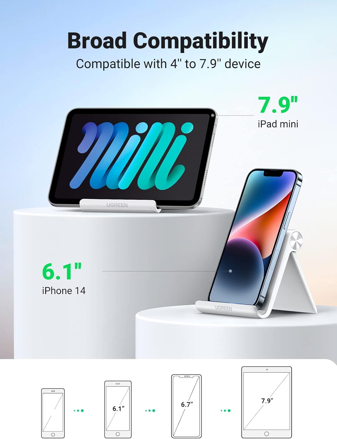 UGREEN Cell Phone Stand for Desk Phone Holder Foldable Portable Adjustable Compatible with iPhone 17 Air 16 15 14 13 Pro Max, iPhone 12 11 Plus SE XS XR 8 7, Office Desk Travel Accessories, White