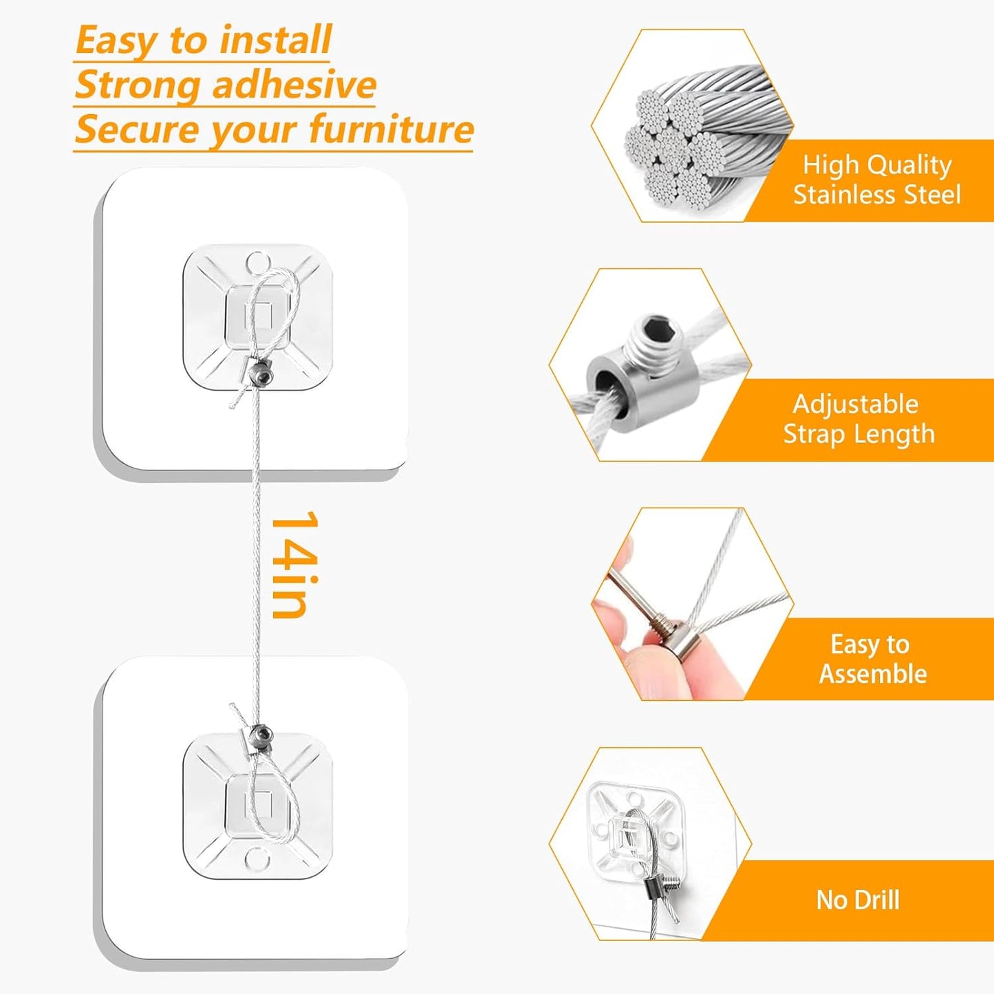 No Drill Metal Furniture Anchors (10 Packs) for Baby Proofing, 14" Adhesive Anti-Tip Furniture Wall Safety Straps for Child, Keep Toddlers & Pets Safe from Falling Furniture Like Dresser & Bookshelf
