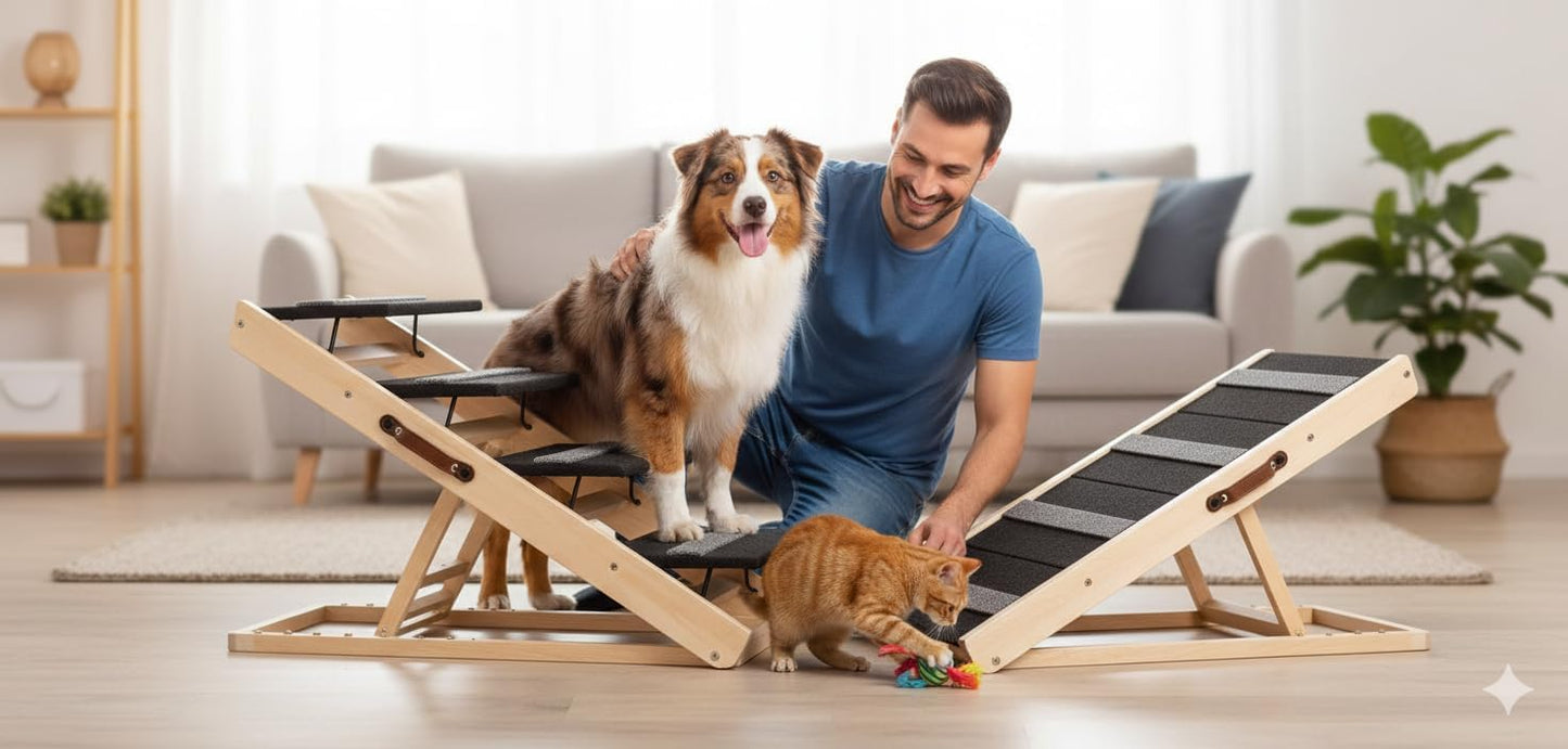 3 Steps Wood Pet Stairs & Ramp for Small and Medium Dogs and Cats, Portable Ramp Pets 2-in-1 Foldable, Non-Slip Pet Ladder for Tall Beds, Sofa, Cars, Holds Up to 220 lbs (3 Steps)