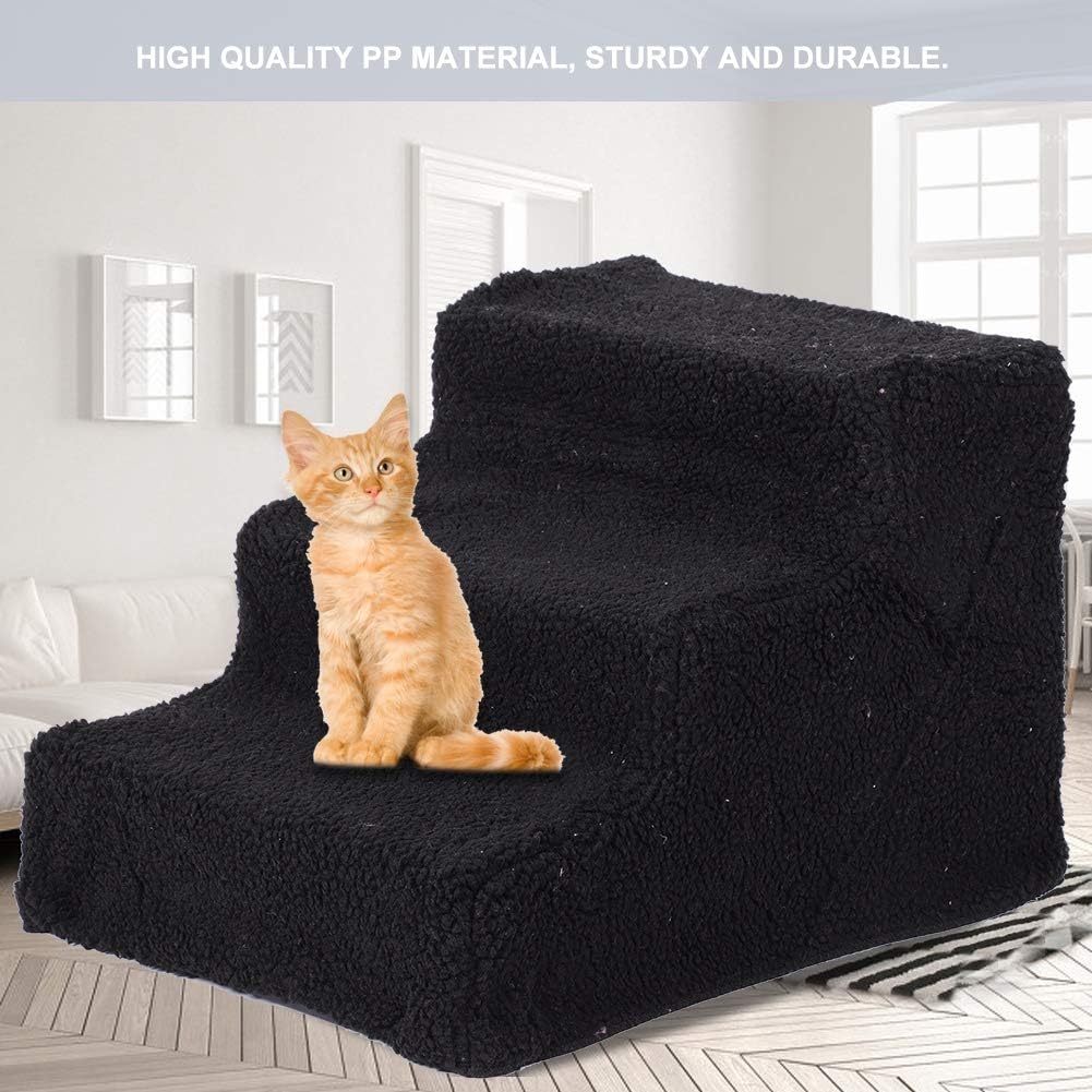 ZJchao Pet Stairs Dog Stairs Pet Ramp Pet Steps Sturdy Durable 3 Steps Ladder for High Bed Sofa with Removable Plush Cover White Beige Black (White)