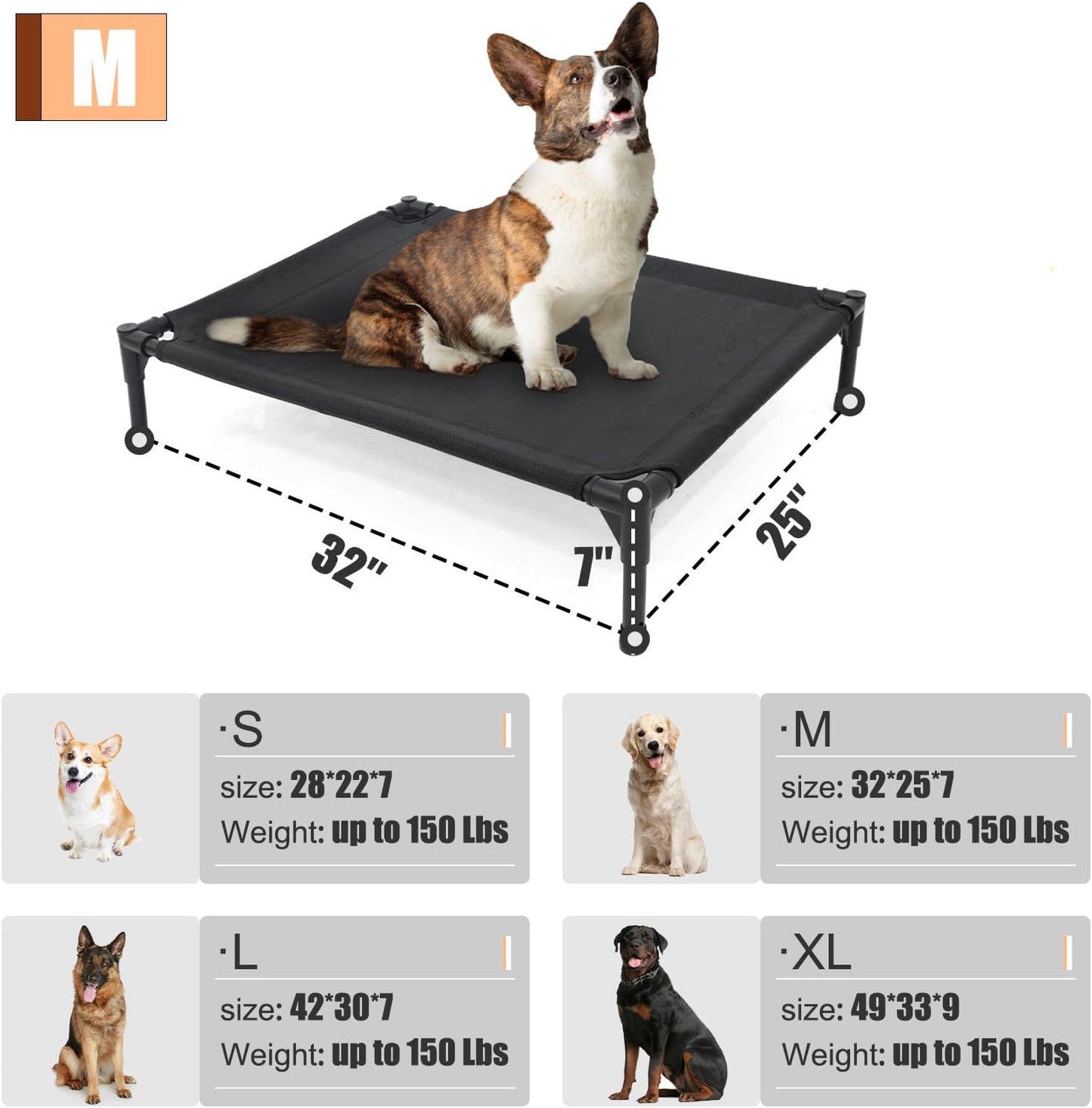 Elevated Dog Bed for Medium Dogs, Raised Dog Cot, Heavy Duty Pet Cots with Durable Supportive Teslin Recyclable Washable Mesh, Indoor & Outdoor, Dark Grey, 32" L x 25" W x 7" Th