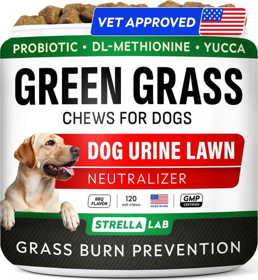 STRELLALAB Dog Pee Grass Chews - Urine Neutralizer for Green Grass Burn Spots - Grass Treatment for Pet Urine - Green Lawn Chews for Dogs with Probiotics - Made in USA (120Ct)