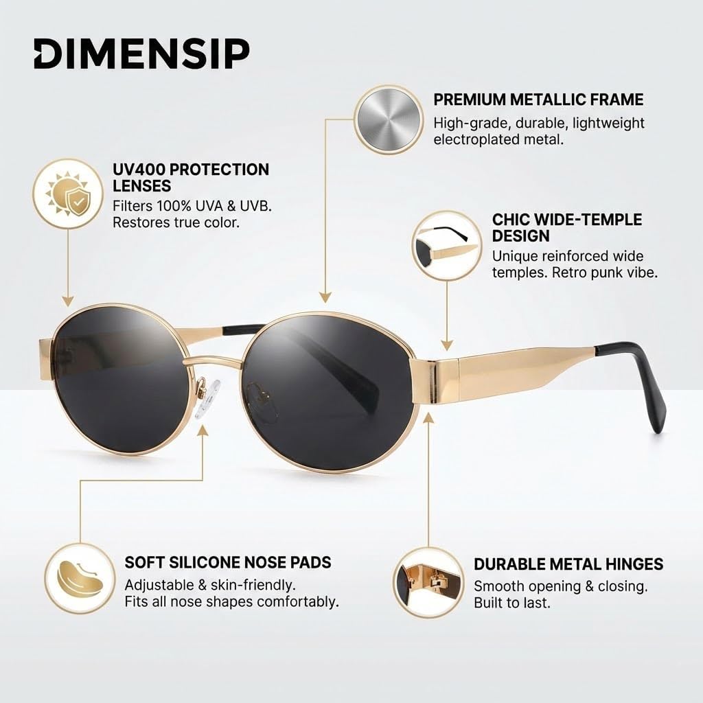 Retro Oval Sunglasses for Women Men - Trendy Gold Sun Glasses - Fashion Metal Frame Shades
