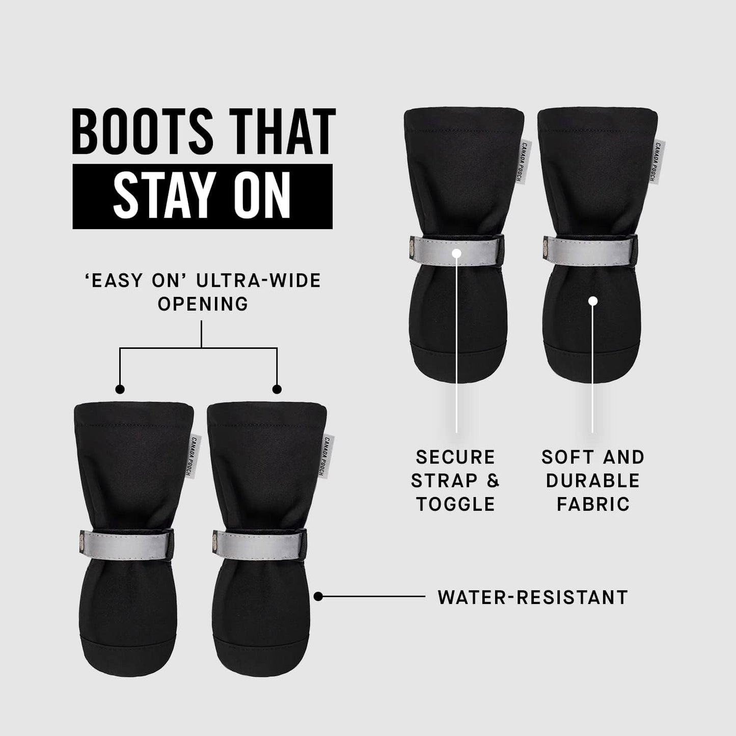 Canada Pooch Dog Winter Boots - Paw Protection, Anti-Slip Dog Shoes with Reflective Strap, Easy On for Small Medium Large Dog Booties - Black, Size 1