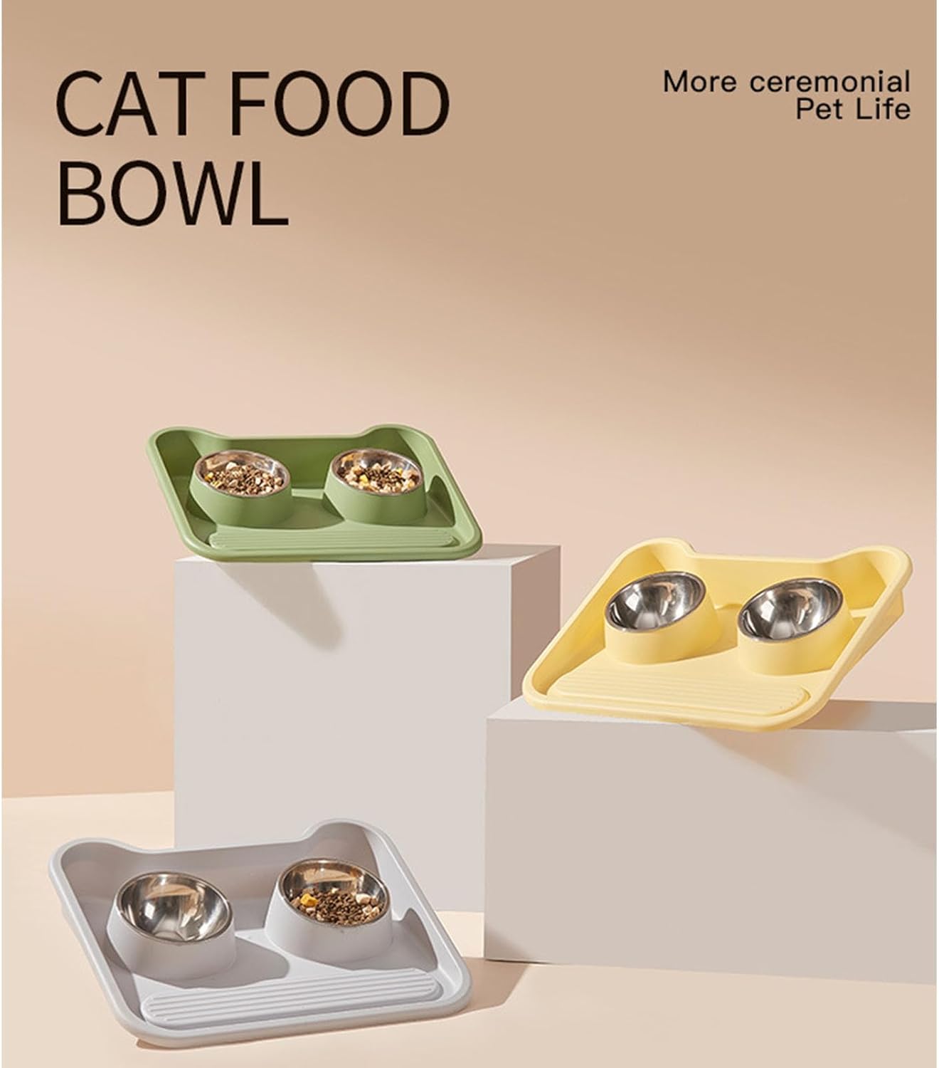 Double Cat Bowls, Raised Food Feeder for Cats and Dogs, Pet Food Container for Small Puppy, Flat Basic Spill Proof Cat Water Bowls (Grey)