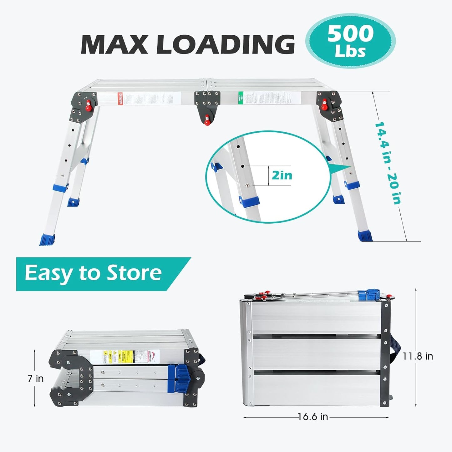 LEADALLWAY Work Platform Height Adjustment 33"(L) x12(W) x20(H) Step Stool Aluminum Platform Ladder with One-Touch Automatic Fold 330 Lbs Capacity