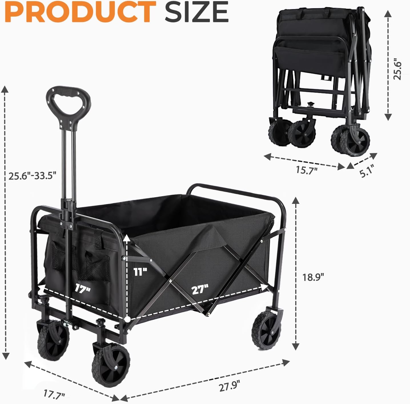PASAMIC Collapsible Wagon 220 lbs, Heavy Duty Wagon Carts Foldable, Portable Wagons for Groceries, Beach Cart with All-Terrain Wheels & Drink Holders, Utility Wagon for Shopping, Sports, Camping,Black