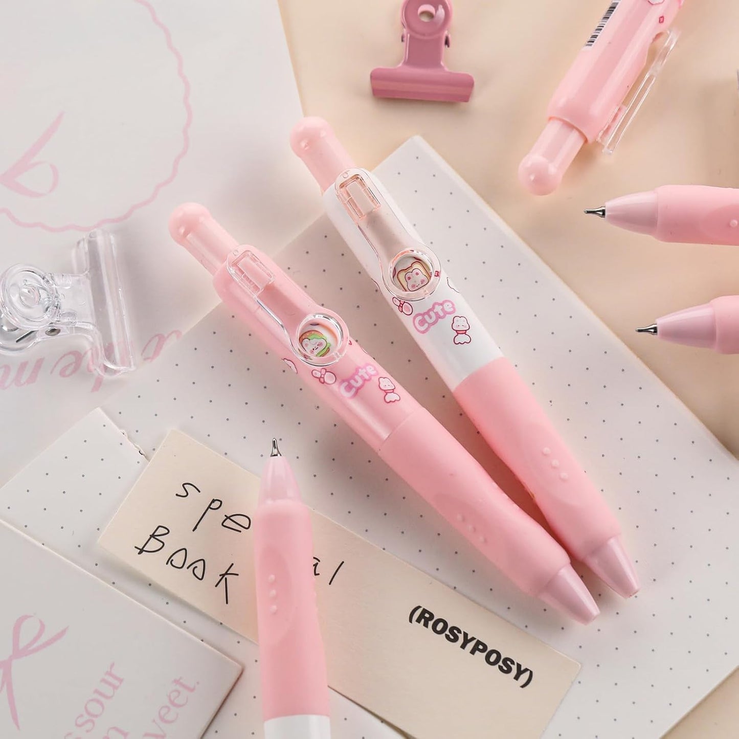 Cute Pink Bunny Mini Gel Pens, Kawaii Rabbit Short Small Pocket Pens, Retractable Click Changeable Images, Tiny Pens Black Ink for Women, Wallet, Notebook, Set of 8PCS, Bunny