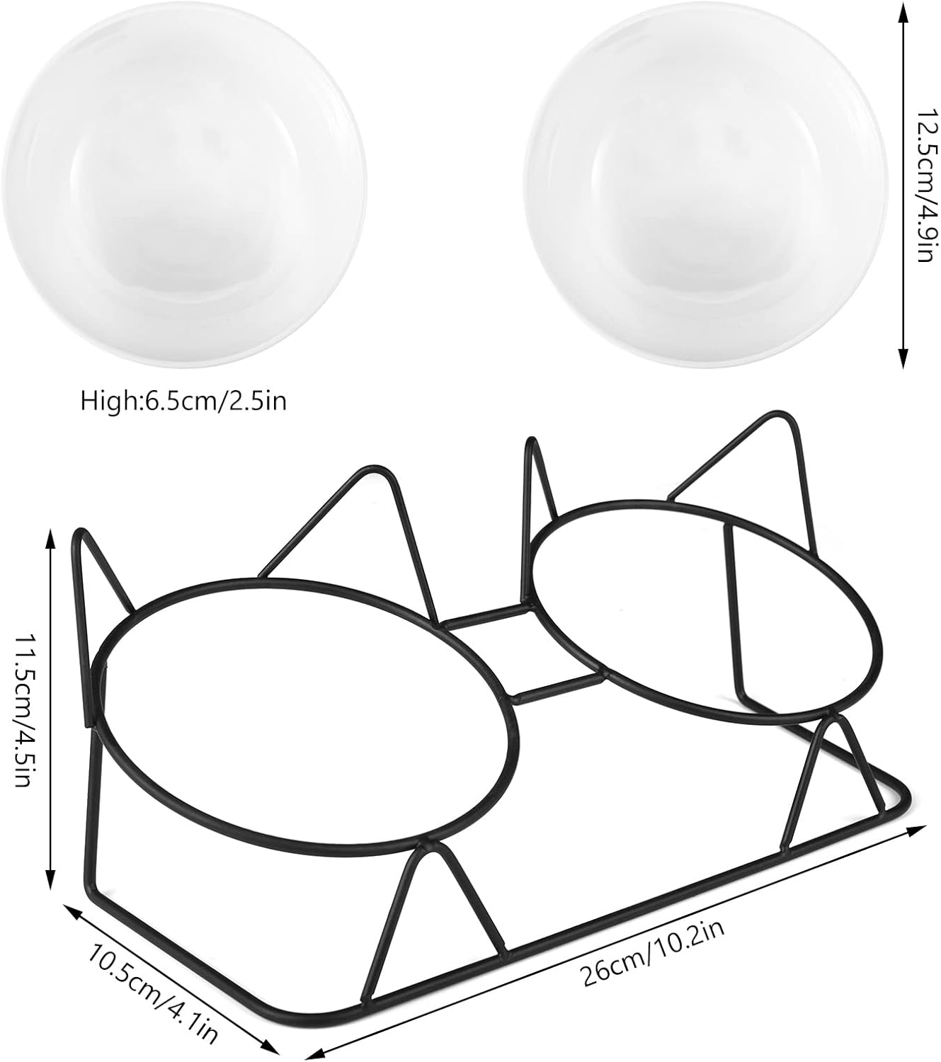 Cat Bowls, Double Ceramic Pet Bowls with 15°Tilted Raised Stand for Food and Water, Anti Vomiting Dish Feeder, Perfect Puppy Cats Small Dogs(Black Stand), LLNVBP1966
