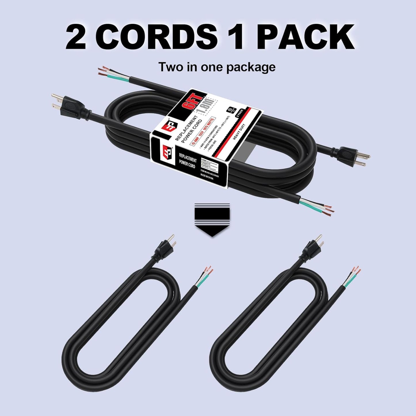 EP 2 Pack 6 ft 14/3C SJTW Appliance and Power Tool Cord, 14 Gauge 3 Prong Heavy Duty Replacement Power Supply Cord Cable, 110V 115V 120V AC Pigtail, 15A, 1875w