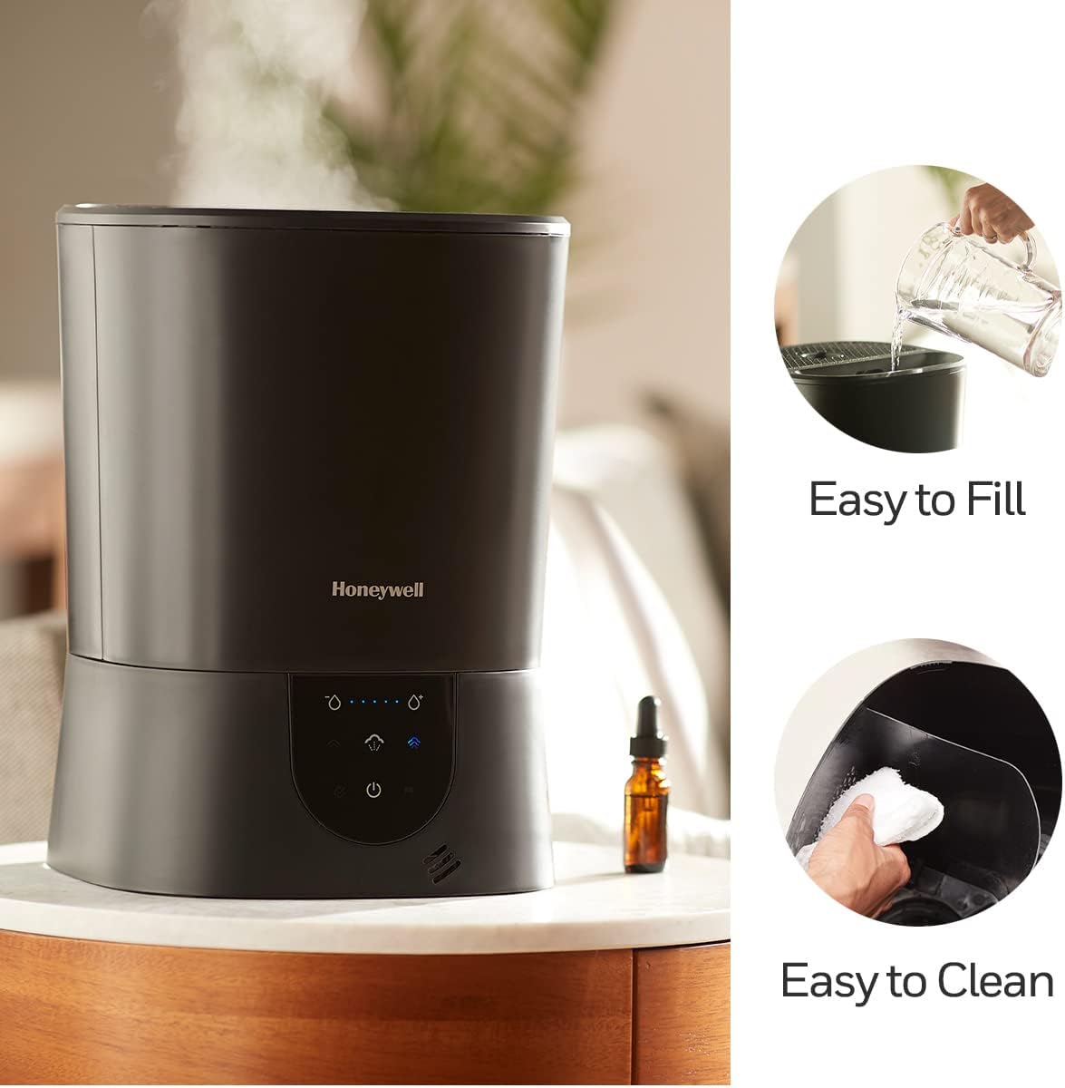 Honeywell Easy-to-Care Filter Free Warm Mist Humidifier, Medium Rooms, 1.5 Gallon Tank – Humidistat for Bedroom, Home or Office Black
