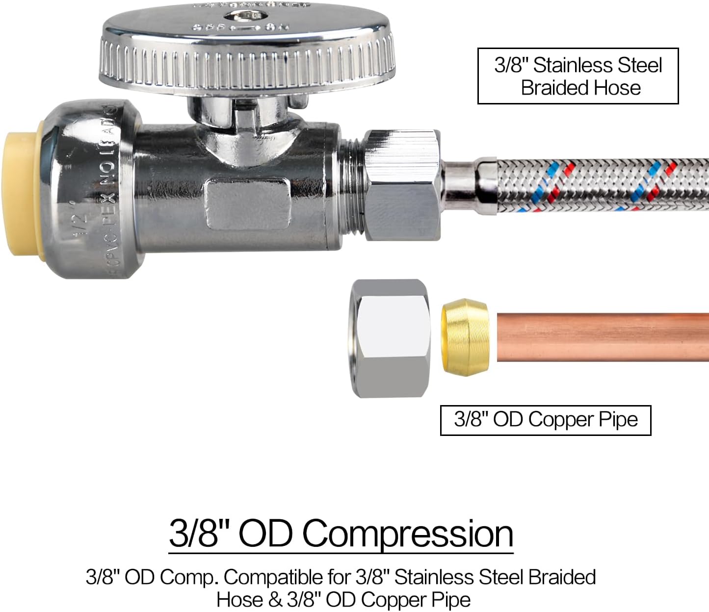 Stop Valves, 1/2" × 3/8" Straight Stop Valve, 1/2" PTC Input, 3/8" OD Compression Output, Push to Connect, 1/4 Turn, Chrome Plated Brass for Faucet, Toilet Valves, No Lead