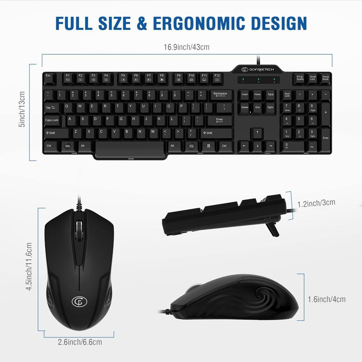 Wired Keyboard and Mouse Combo, Gofreetech Full-Size Keyboard and Mouse Combo with Optical Wired Mouse, USB Plug-and-Play, Compatible with Windows Mac OS Laptop/Desktop/PC