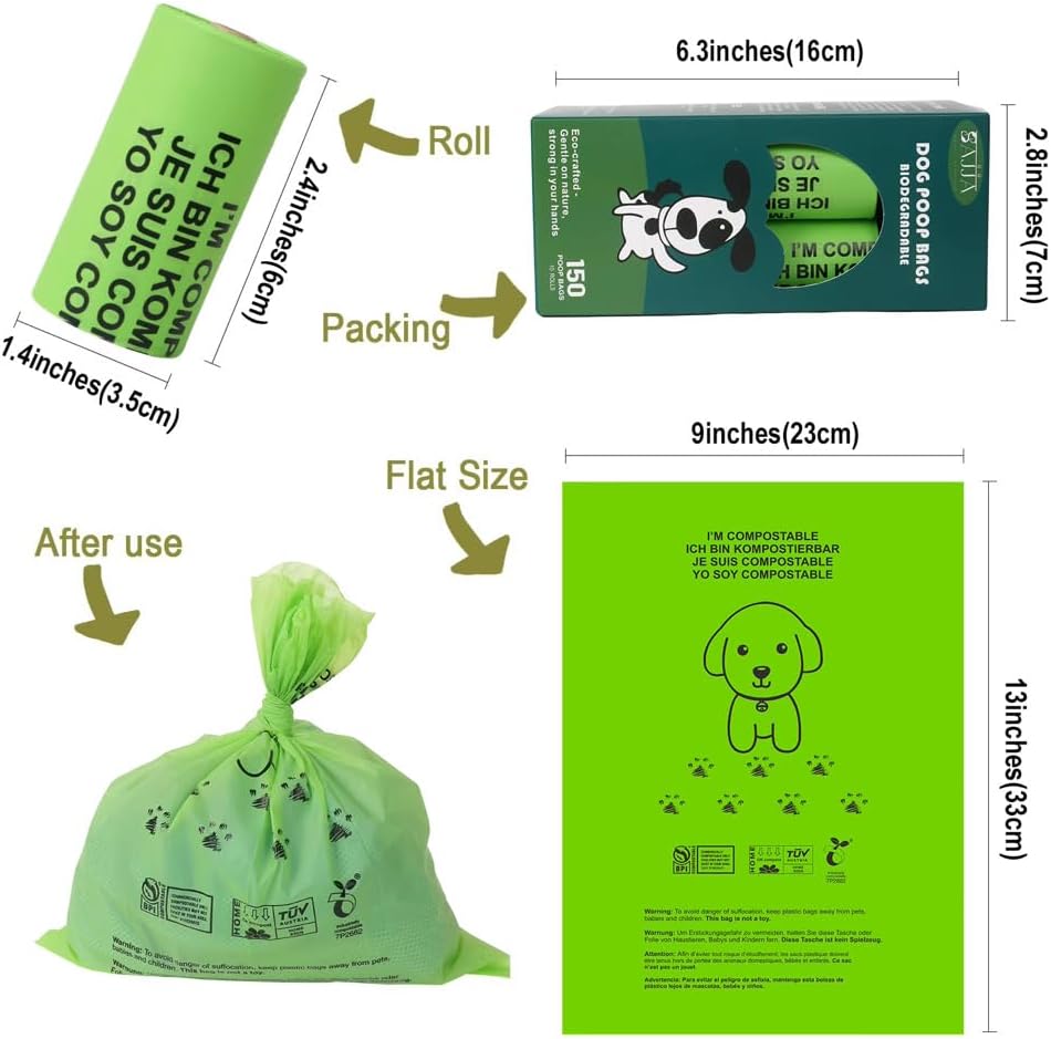 0 Plastic -150 bags, 100% Certified Home Compostable Dog Poop Bags - we give back to World Animal Protection - ASTM D6400 & EN 13432 Compliant, extra thick & Leak proof dog poop bags
