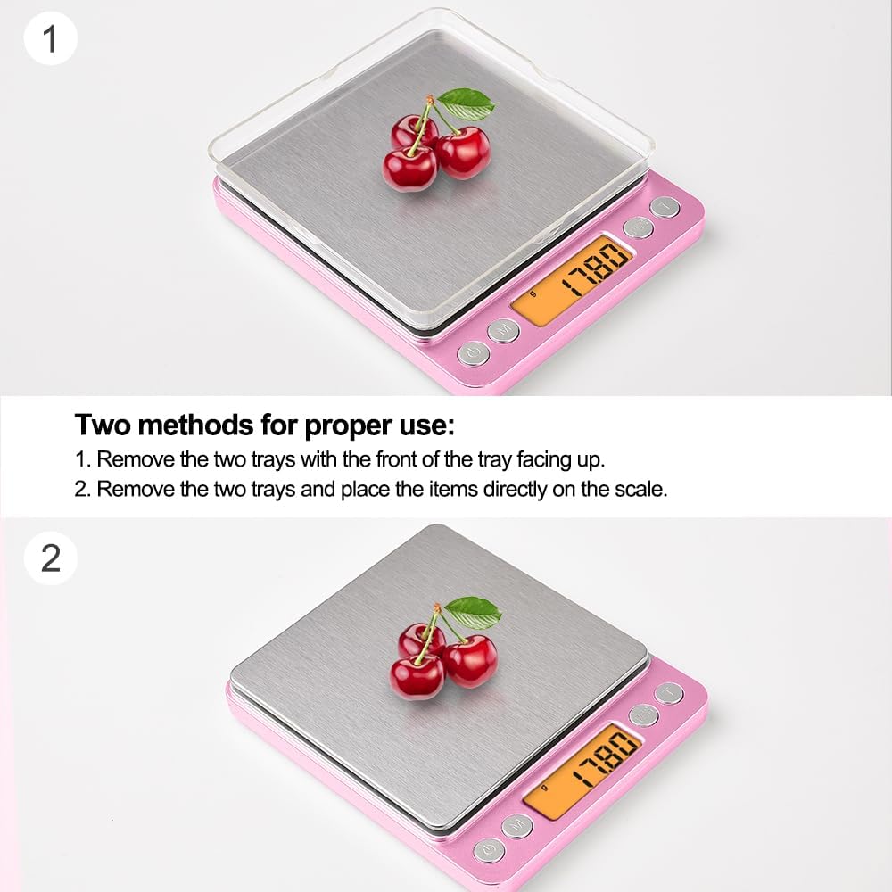 0.01g High Precision Kitchen Food Scale, Diyife 500g Portable Digital Scale with LCD Display, Tare, Multifunctional Gram Scale Weight for Cooking, Baking, Jewelry, 2 Tray, Batteries Included, Pink