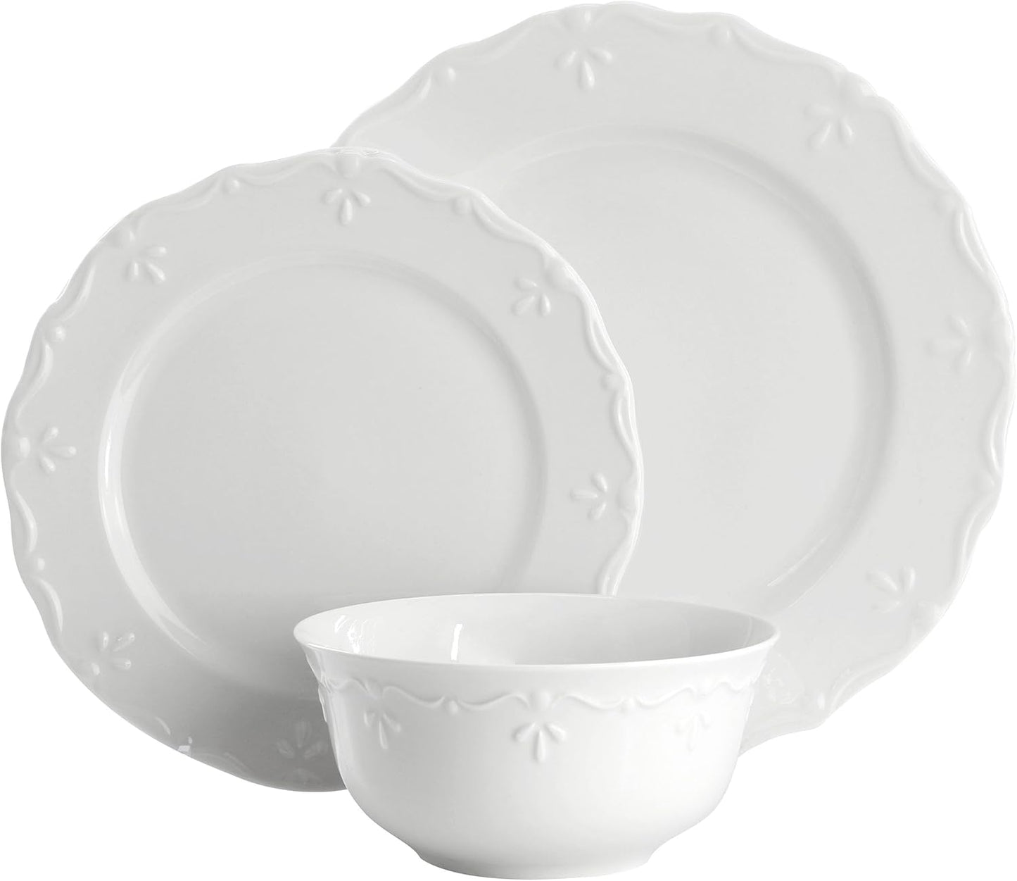 Elama Henryi 18 Piece Embossed Rim Detail Porcelain White Dinnerware Set, Tableware Set, Serveware (18 Piece)