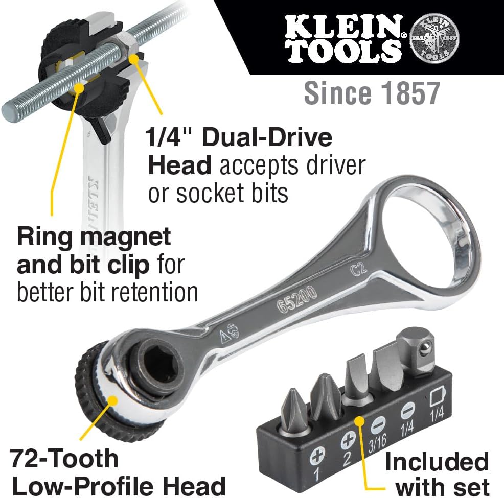 Klein Tools 65200 Ratchet Set, 5-Piece Mini Ratchet Set with Phillips, Slotted, and Adapter for Other Socket Sizes, For Tight Spaces