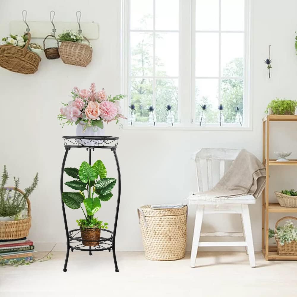 Plant Stand Indoor Outdoor 27.1'', 2 Tier Tall Metal Plant Stands, Heavy Duty Rustproof Corner Flower Potted Rack for Planter Holder Home Patio Balcony Garden -Black