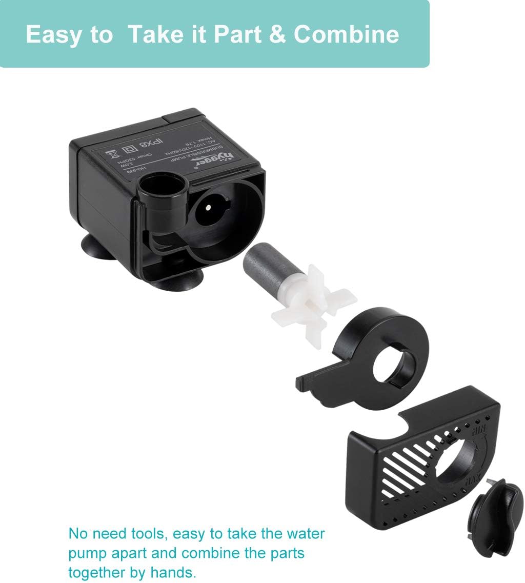hygger Ultra Quiet 53GPH (200L/H, 3W) Submersible Mini Water Pump Comes with 2 Nozzles, for Aquariums, Fish Tank, Fountain, Hydroponics, Max Lift Height 1.7ft ,120V/60HZ, Power Cord 6ft