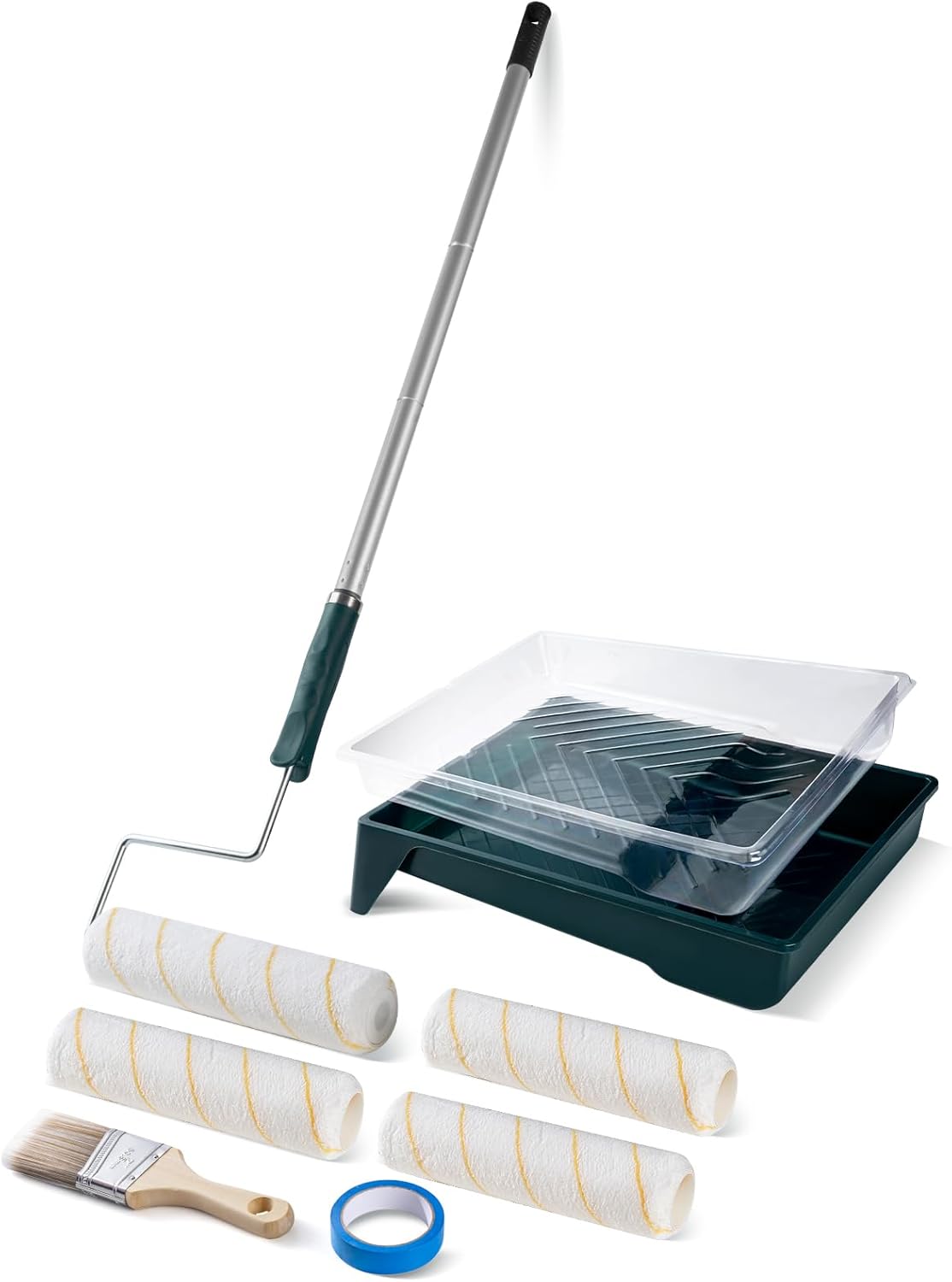 Paint Roller Kit with Extension Pole, 9 Inch Paint Roller, Paint Tray with Liner, Paint Brush & Tape, Professional Microfiber Painting Supplies for Painting Walls, Ceilings and Home (3 FT)