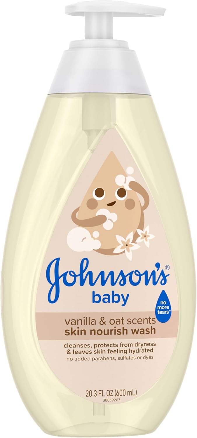 Johnson's Skin Nourishing Moisture Baby Wash, Vanilla & Oat Scents, Tear-Free, Hypoallergenic Baby Body Wash Cleanses, Protects from Dryness, & Leaves Skin Feeling Hydrated, 20.3 fl. oz