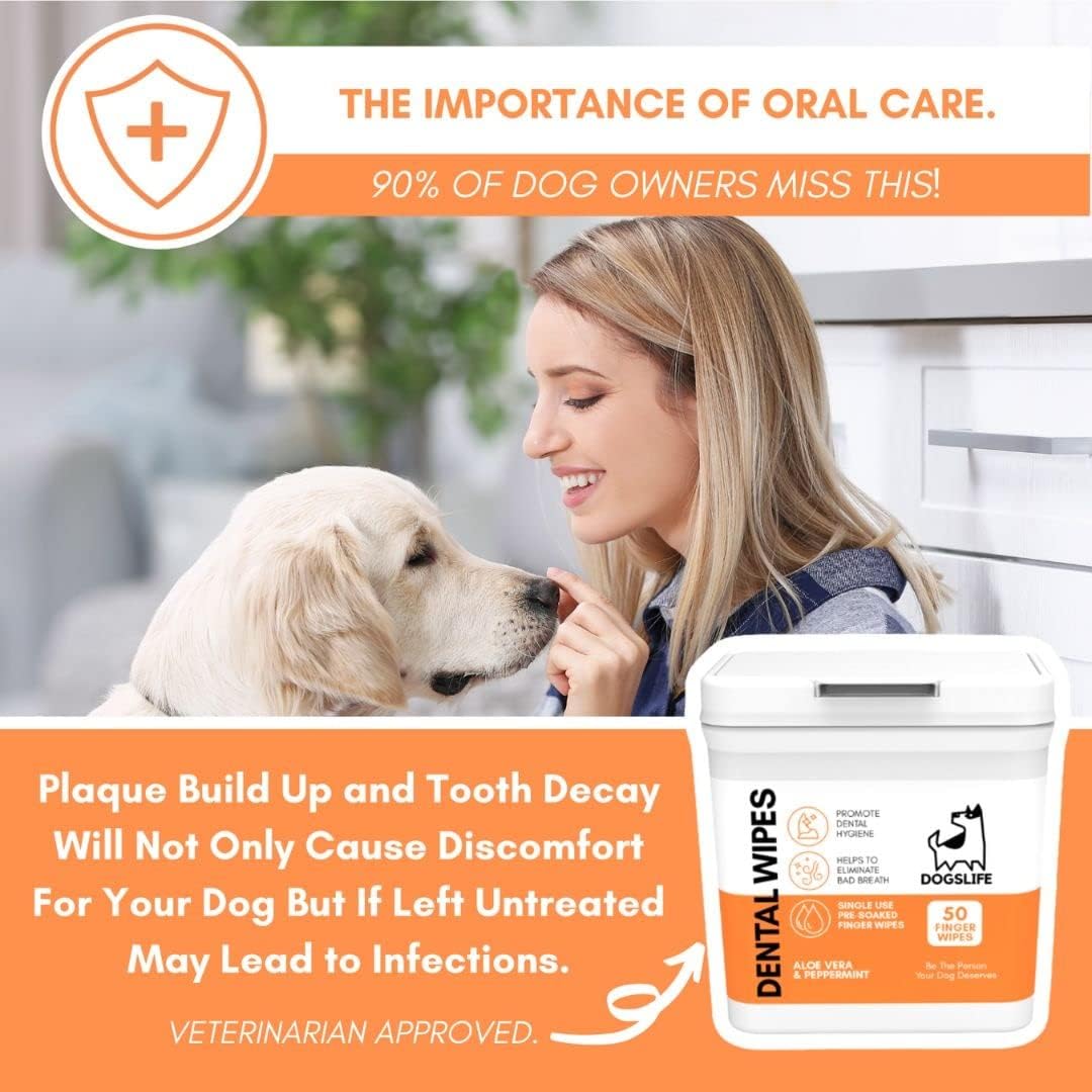 DogsLife Dog Tooth Wipes | Quick & Easy Finger Wipes for Teeth | Remove Tartar & Fight Bad Breath | Naturally Soothing Aloe Vera & Peppermint! Pack of 50 Dog Dental Wipes Teeth Wipes