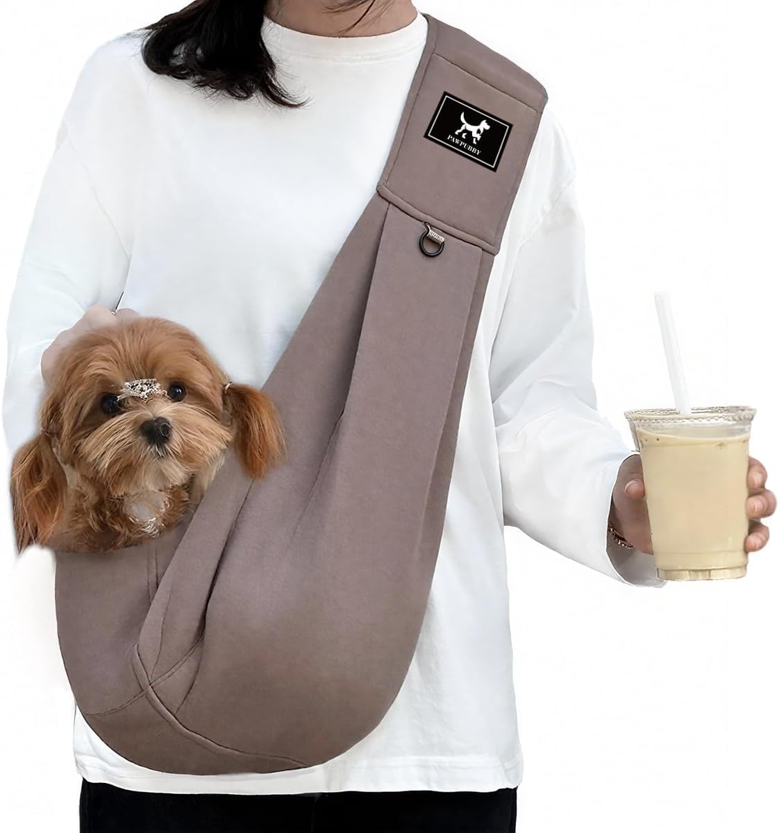 Dog Sling Carrier for Small Dogs Cats up to 15 lbs - Hands Free Puppy Carrier Bag (Plus Size L) - Ergonomic Padded Shoulder Strap & Safety Hook Based on Owner's Bust Length, Caramel