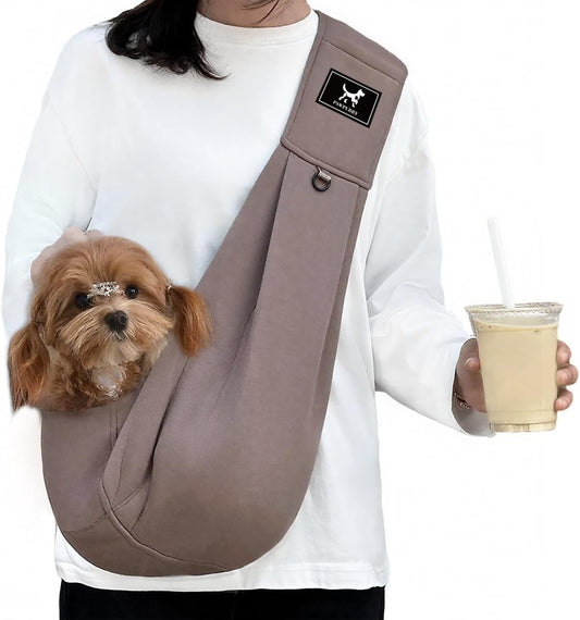Dog Sling Carrier for Small Dogs Cats up to 15 lbs - Hands Free Puppy Carrier Bag (Plus Size L) - Ergonomic Padded Shoulder Strap & Safety Hook Based on Owner's Bust Length, Caramel