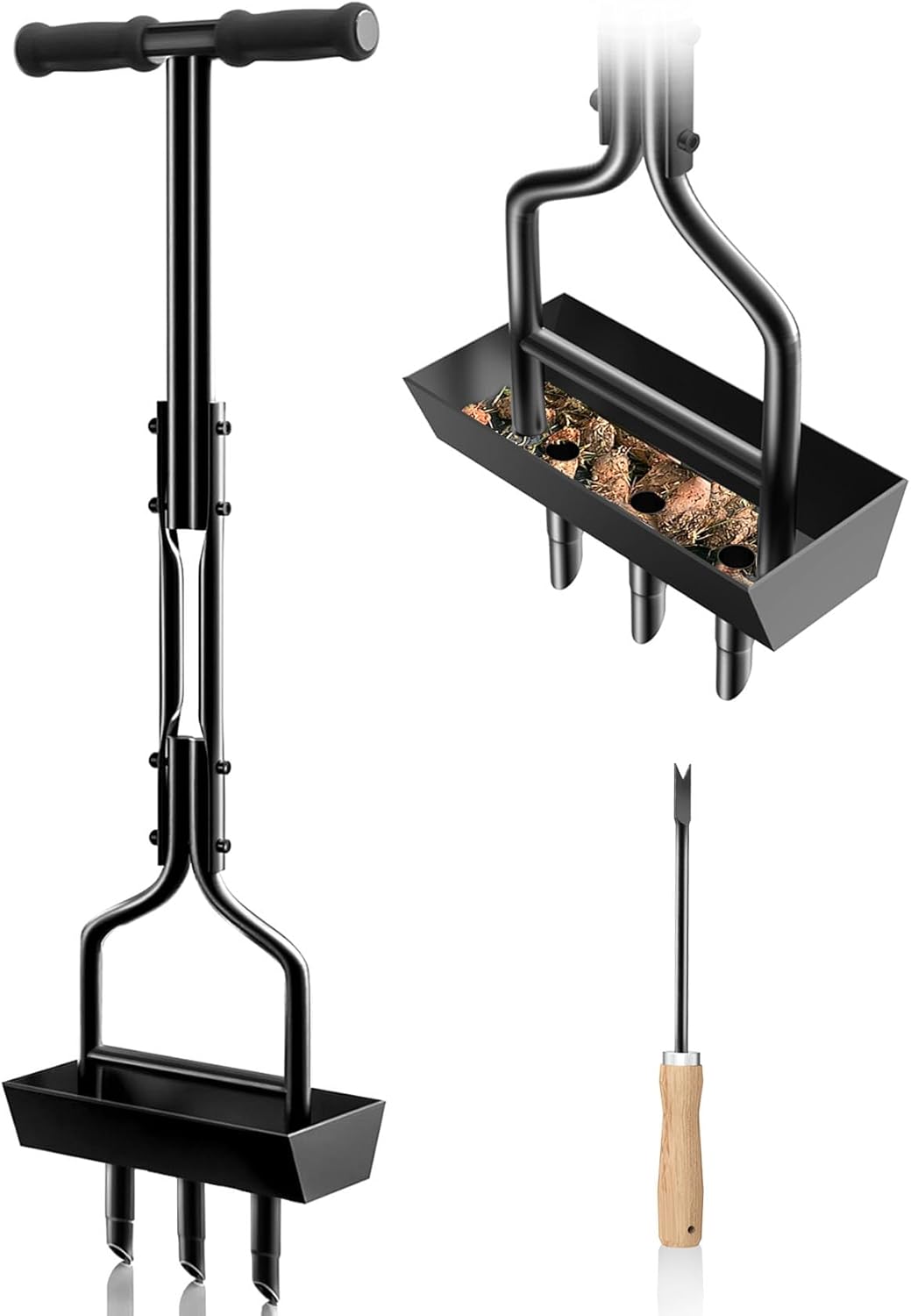 EEIEER Manual Lawn Aerator Tool with Soil Storage Basket - 2025 Upgraded Aerator Lawn Tool, 3 Tines Yard Aerators with Cleaning Tool, 38’’ Ergonomic Aeration Tools for Compacted Soil & Lawn Care